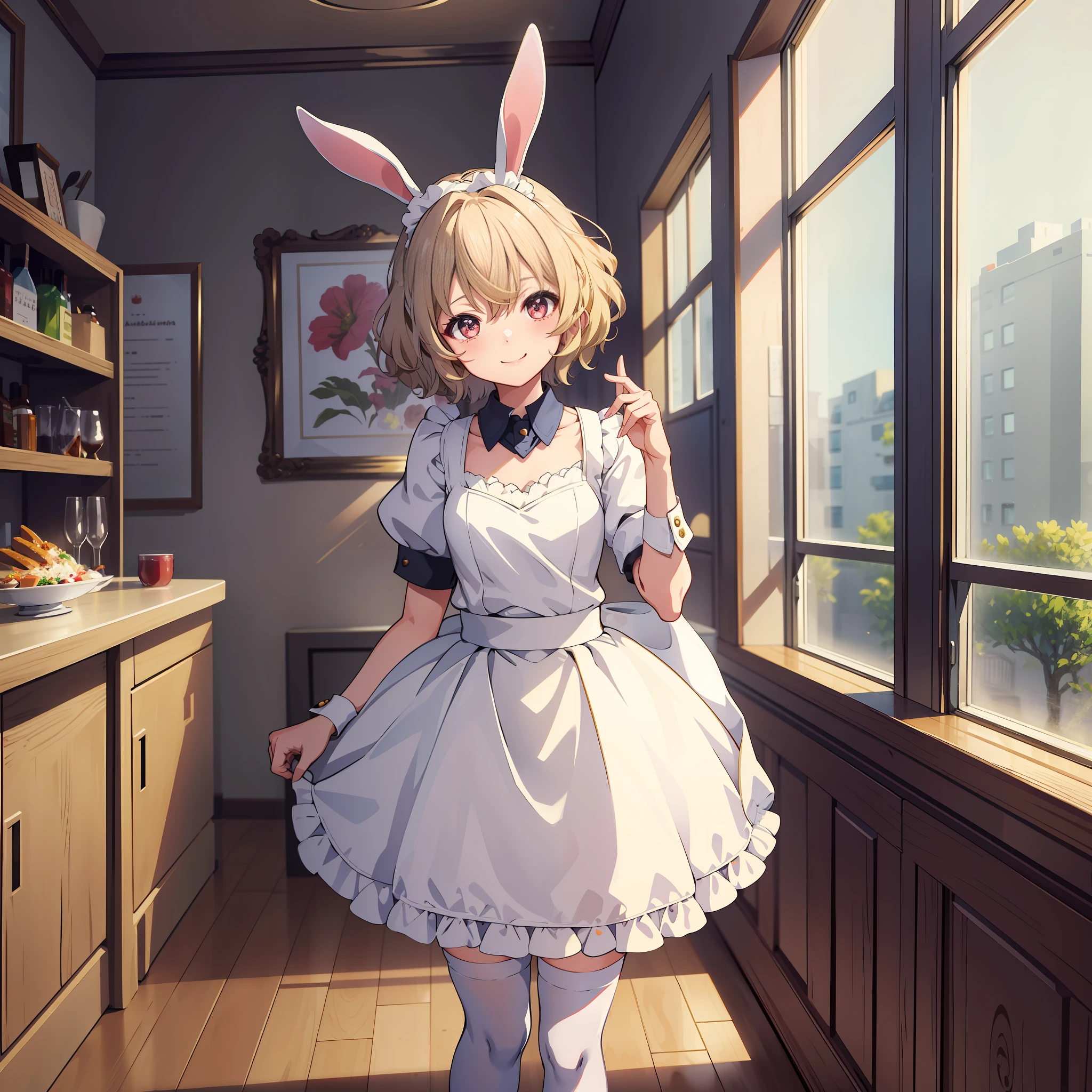 masterpiece, 1girl, rabbit ears, maid outfit, holding tray,indoors, restaurant, smile, thighs, happy,  (iwanagakotoko:0.9), ultra detailed, beautiful body, beautiful face, blonde hair, short hair, iwanaga kotoko, cute, good anatomy, highest quality, fullbody, standing, sweet