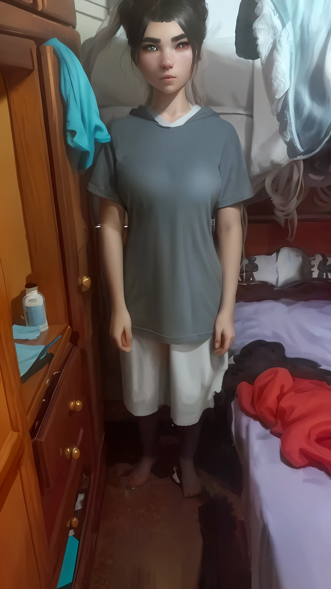 photorealistic, 8k, 1girl, white wavy hair, chinese, heterochromia eyes, thick eyebrows, freckles, hoodie, white shorts,(gigantic breasts:1.35), small waist, large thighs, panty can be seen on crotch, on bed