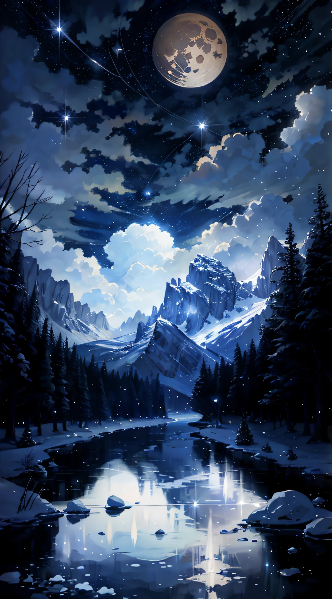 Picture of a river with stars and moon in the sky, concept art inspired by Tosa Mitsuoka, winner of the pixiv competition, best quality, fantasy art, beautiful anime scene, golden moon. Bright moon, starry sky under moonlight, dream painting, anime background art, fantasy landscape art, dreamy night, anime background, background artwork, dreamy art, atmospheric anime, starry sky, enhanced details, winter, winter forest, ice forest