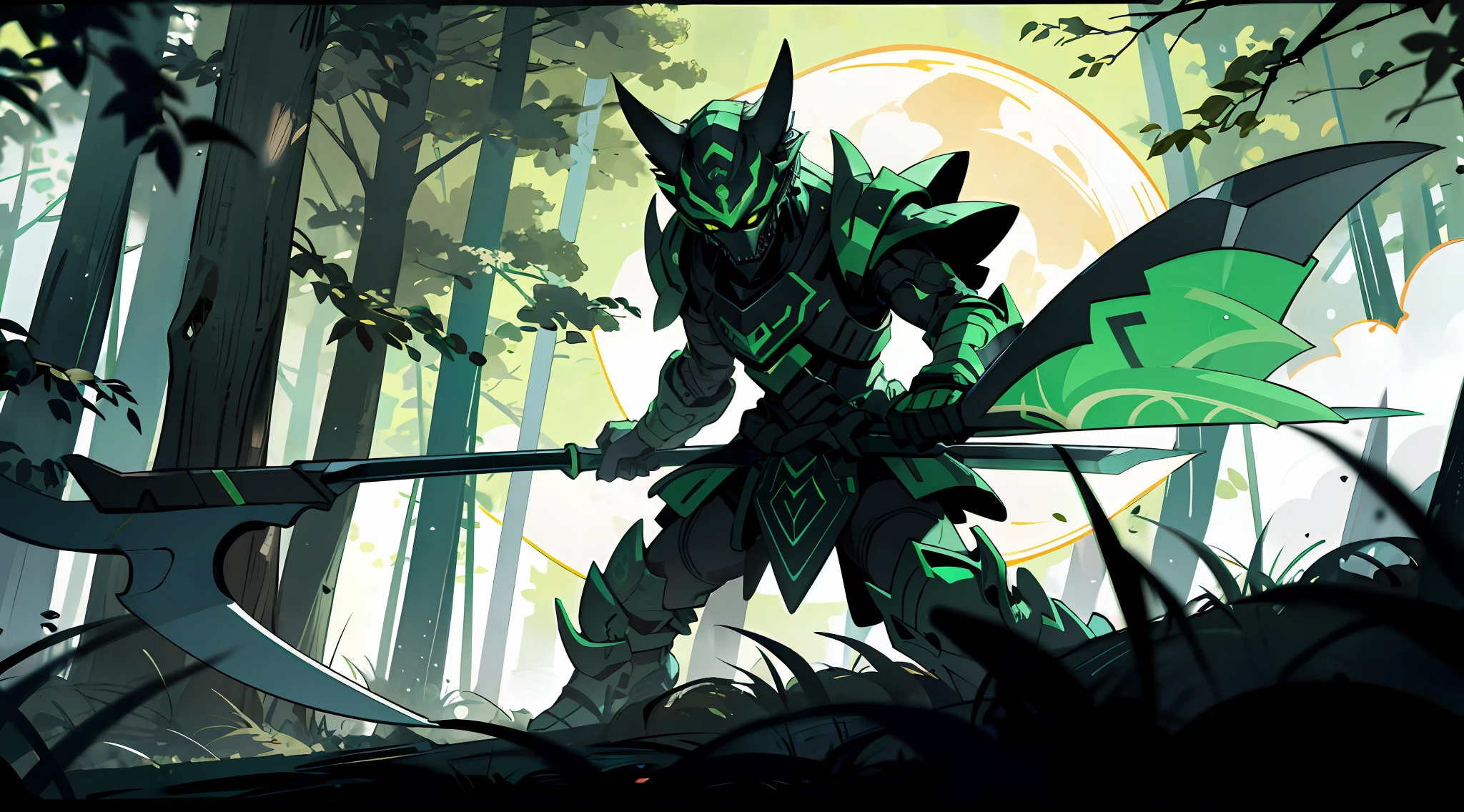 an humanoid lynx with green armor, with a scythe, in a forest, night, moon