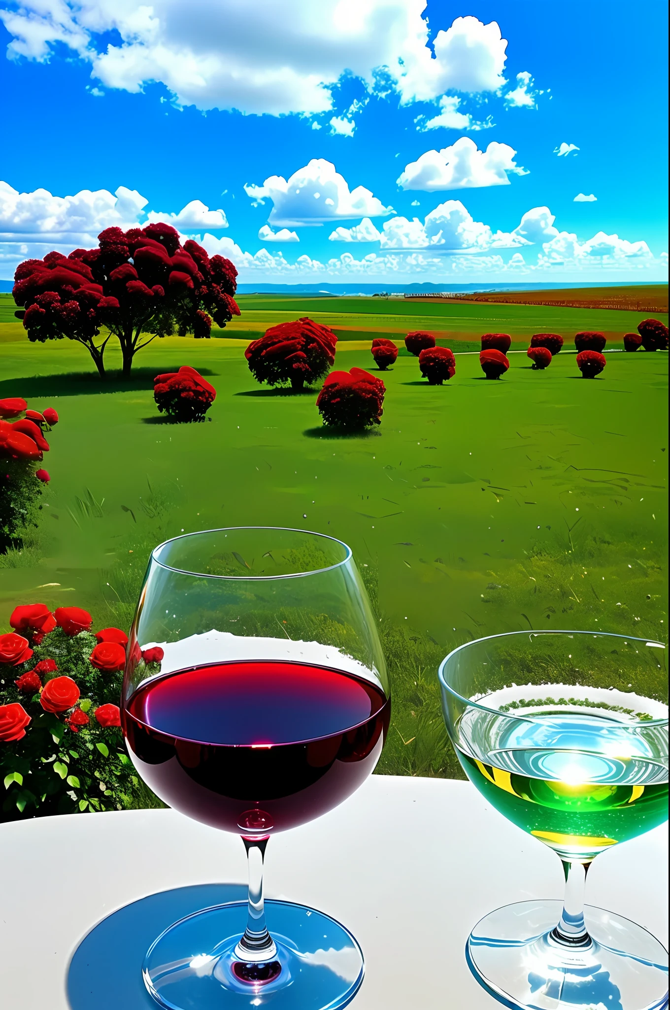 A glass of crystal, red wine, green roses, colorful, blue sky and white clouds