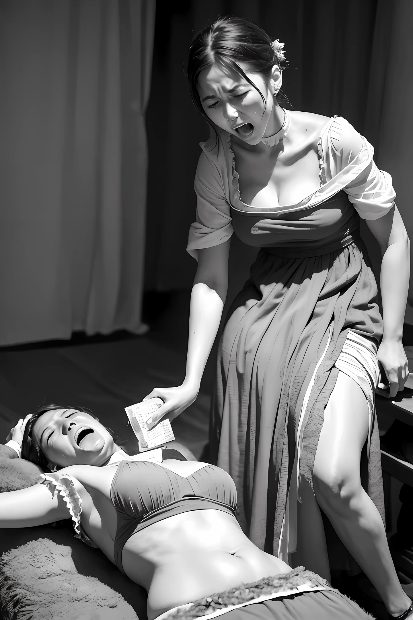 Woman in labor, in ancient Roman costumes, in an ancient Roman setting, crying, expression of pain