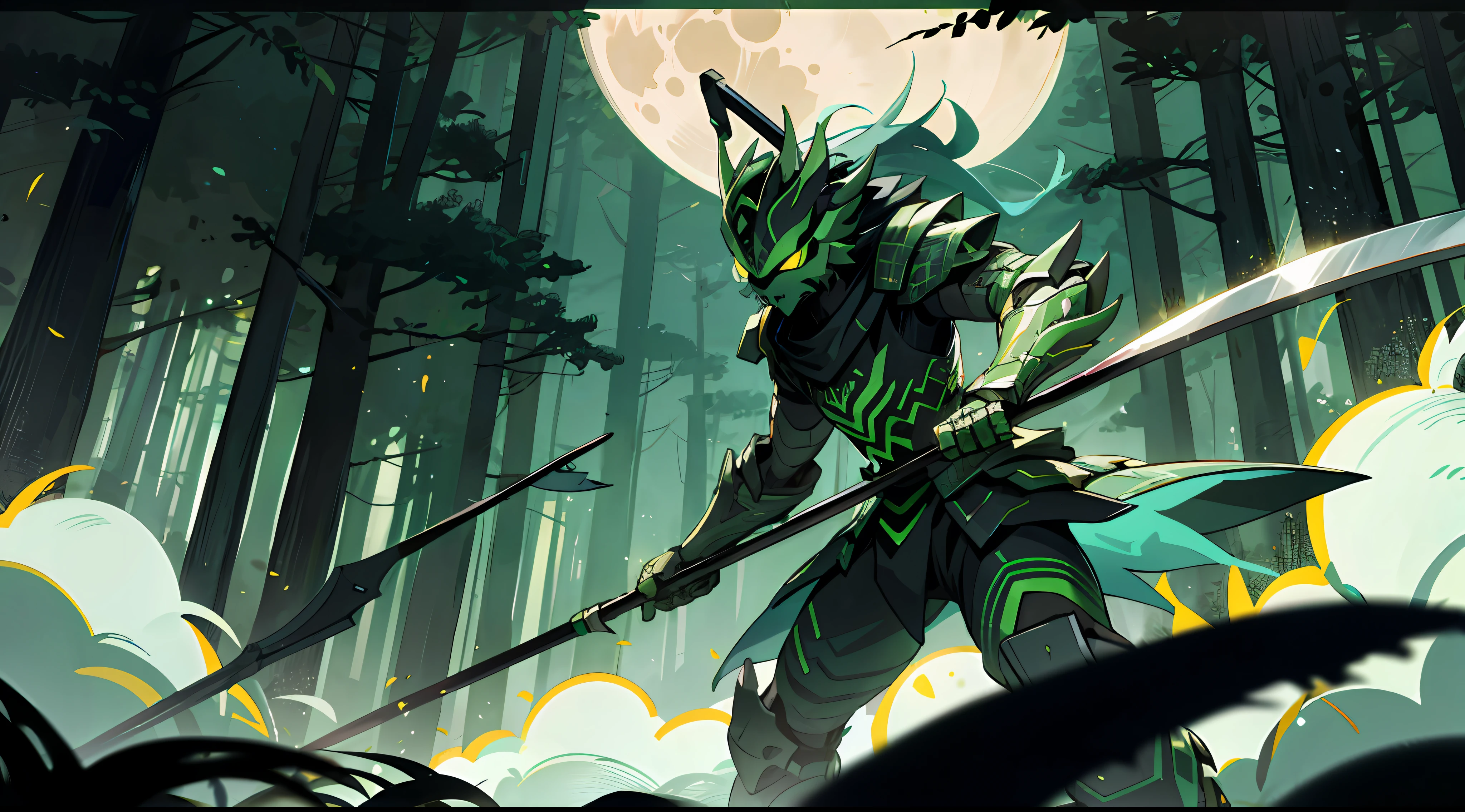 an humanoid lynx with green armor, with a scythe, in a forest, night, moon