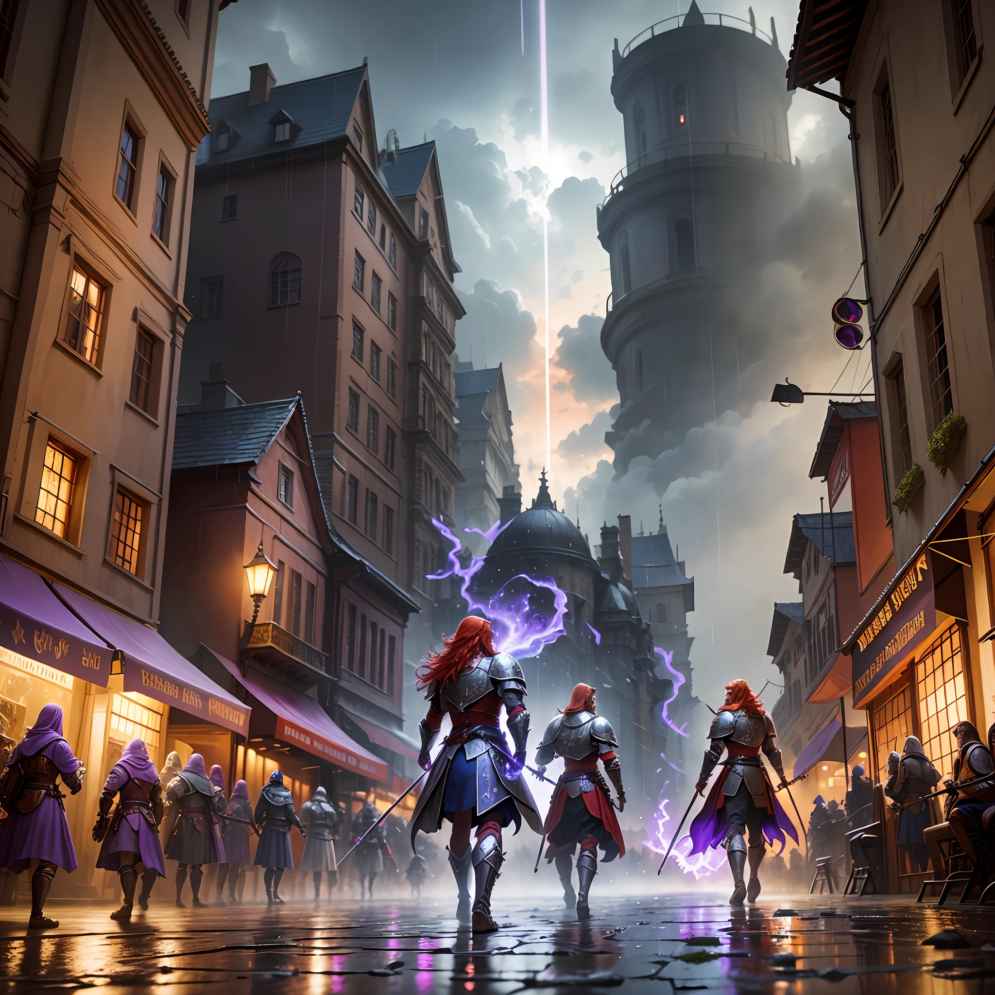 red hair, purple armor, light bearer warriors, medieval city, dark, battle, epic, war, surrealism, 8k, super detail, war, battle, darkness, rain, night, fight, torchs, war, conflict