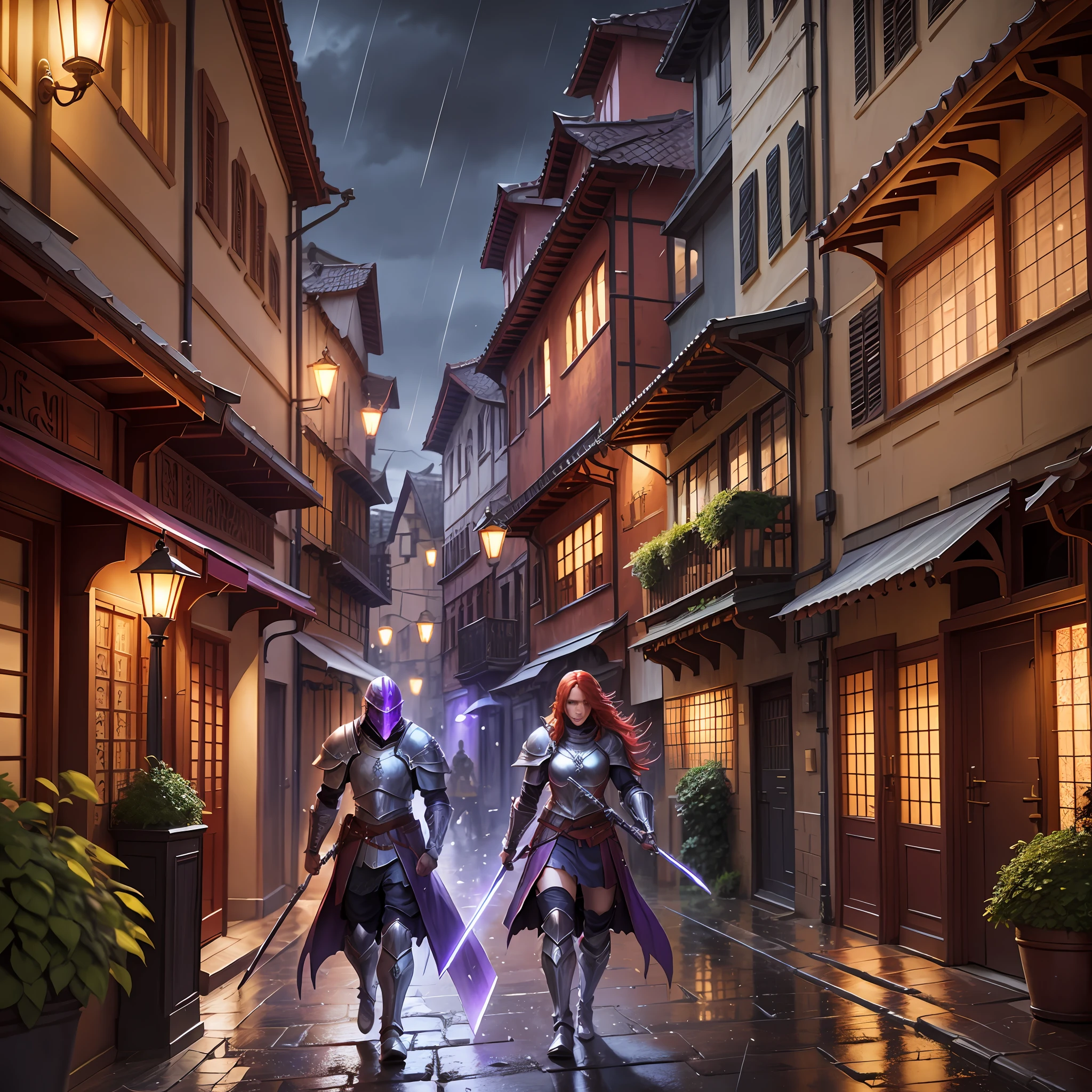 red hair, purple armor, light bearer warriors, medieval city, dark, battle, epic, war, surrealism, 8k, super detail, war, battle, darkness, rain, night, fight, torchs, war, conflict