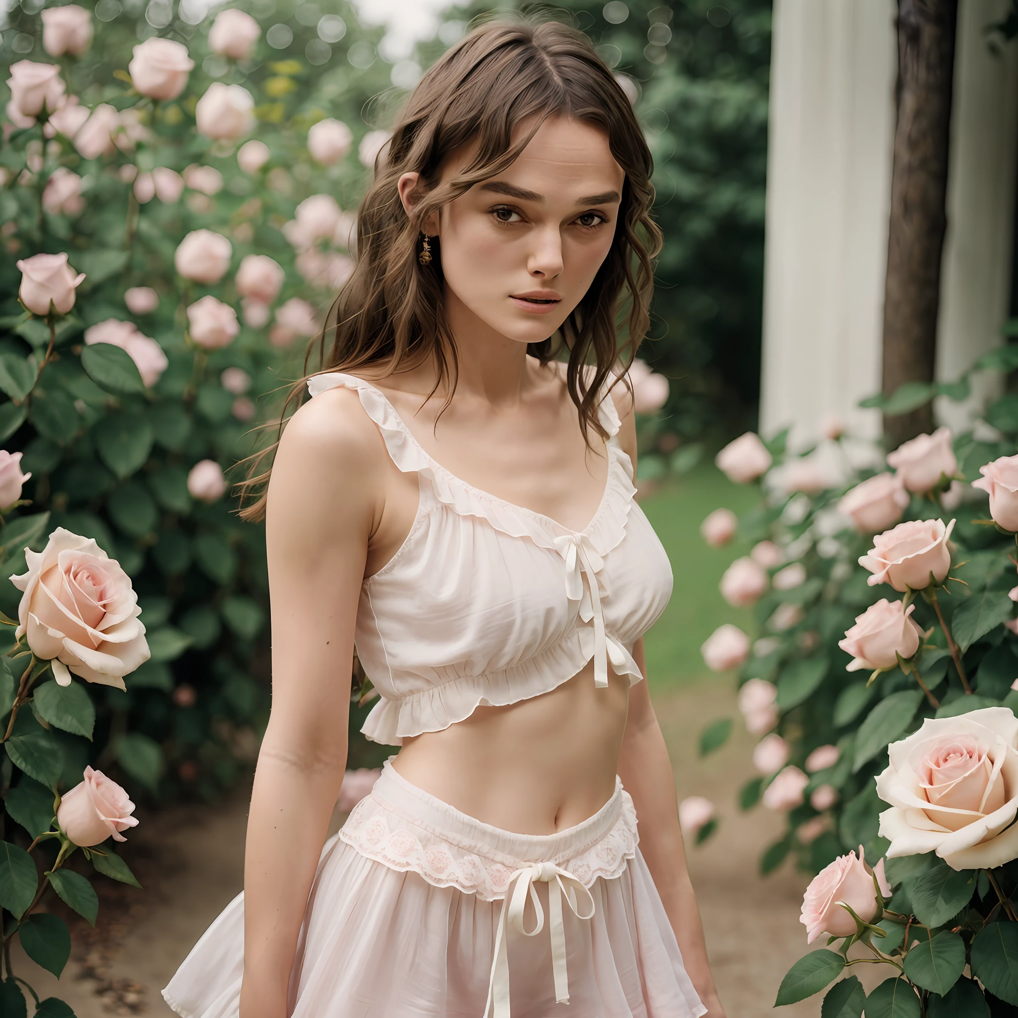 ((Keira Knightley)), 8k, RAW photo, Fujifilm, analog photo of a beautiful young woman with (round breasts) in a light pink rose garden (high detail skin:1.2), wearing white short top, silk mini skirt, film grain, 35mm, cute, cowboy shot, small head --auto --s2