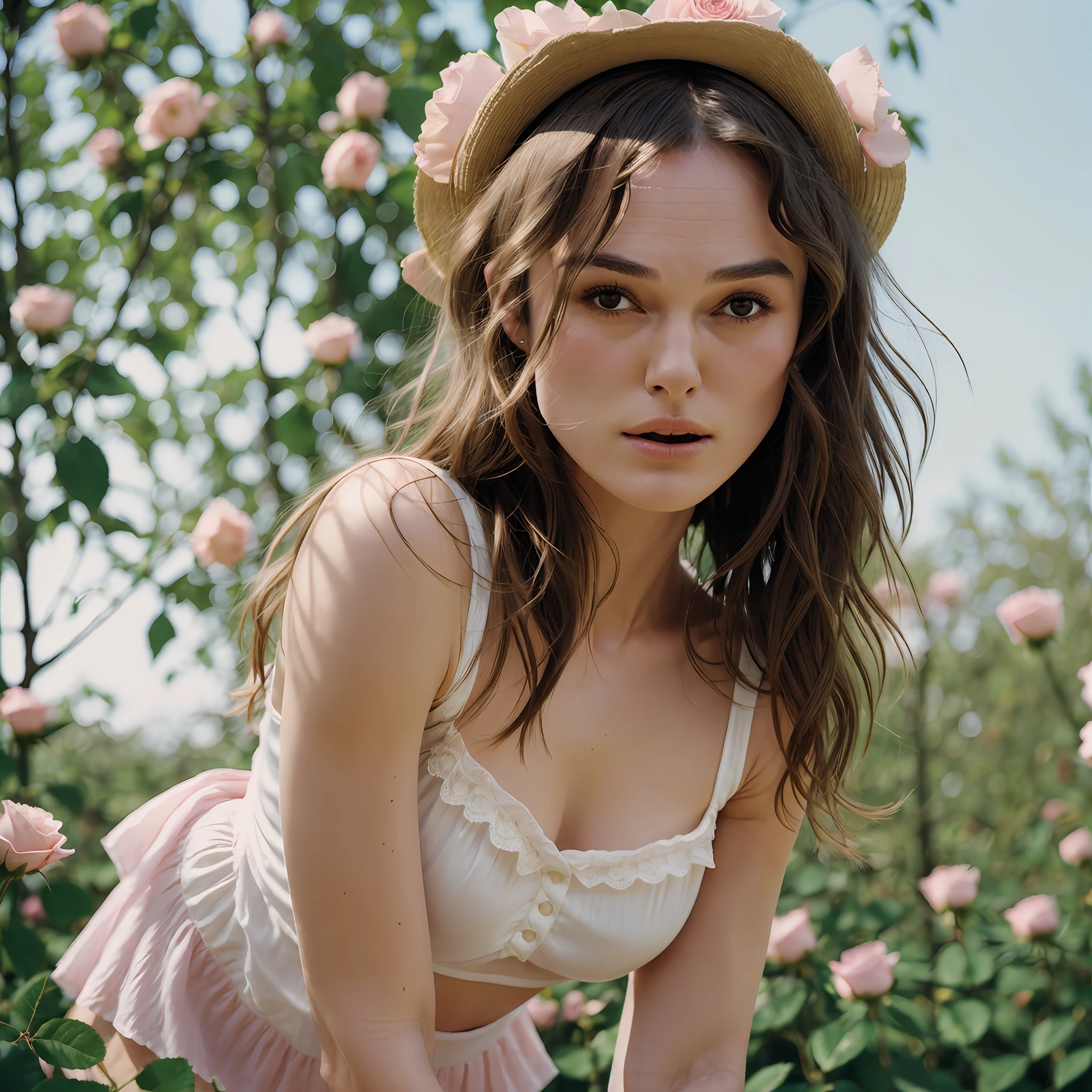((Keira Knightley)), 8k, RAW photo, Fujifilm, analog photo of a beautiful young woman with (round breasts) in a light pink rose garden (high detail skin:1.2), wearing white short top, silk mini skirt, film grain, 35mm, cute, cowboy shot, small head --auto --s2