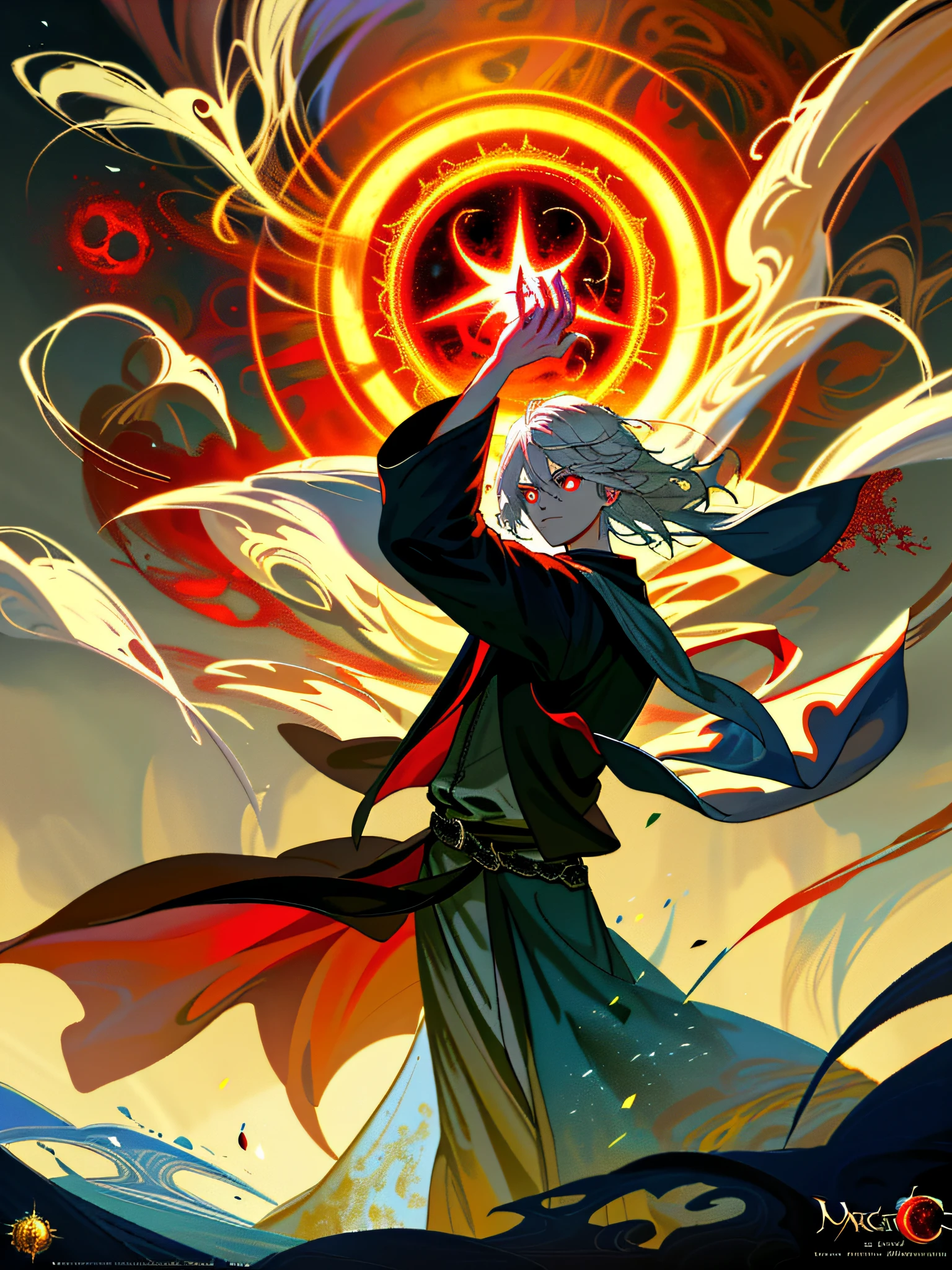 a painting that represents the essence of magic in your world, showing the white-haired, red-eyed protagonist with a mystical black mark on his neck immersed in a cascade of magical energy, with glowing particles dancing around him and arcane symbols forming in the air, masterpiece, best quality, ultra-detailed, illustration, 8k resolution concept art, fantasy art, epic art, concept art wallpaper 4k, deep color, natural lighting