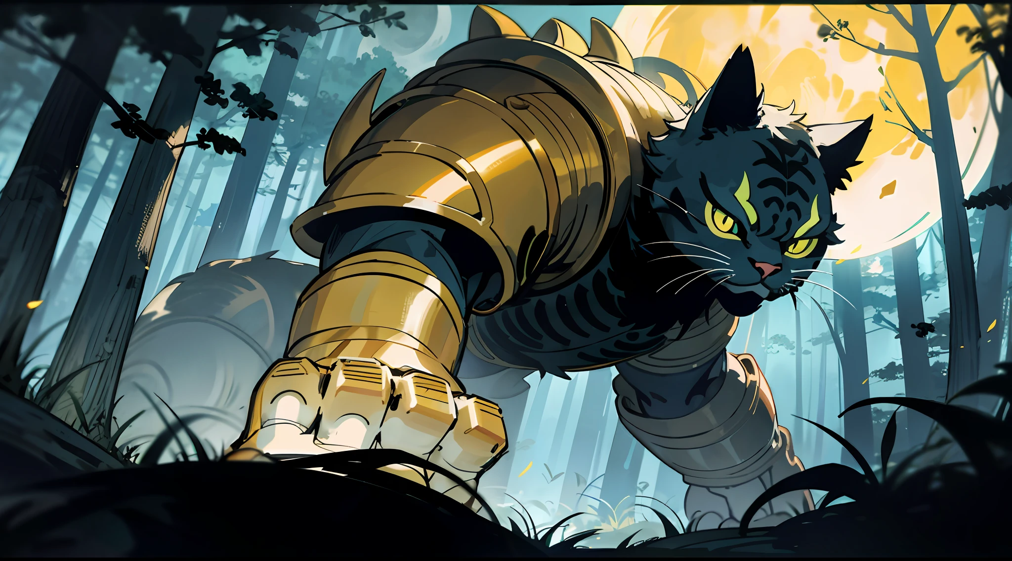 a giant cat with yellow armor, in a forest, night, moon