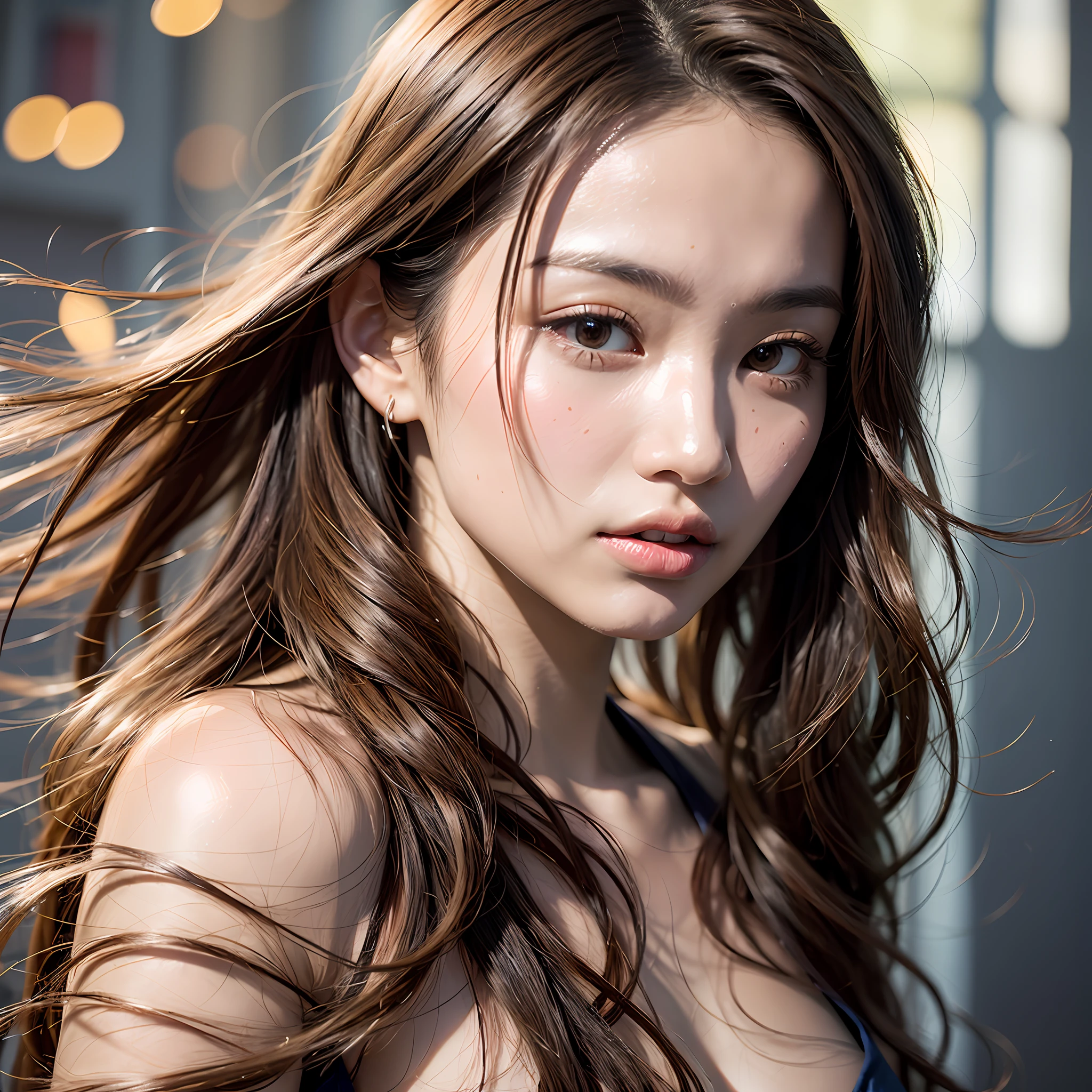 Asian, Beauty, Slender, Cute, 30s, Beautiful Face, Actress, Mature, Upper Body, Light Brown Hair, Fine Hair, Small Face, Live Action, Masterpiece, Top Quality, Highly Elaborate CG Unity 8K Wallpaper, Ultra High Definition, Natural Fashion, Lighting, Summer Fashion, Bob Hair, (Puffy Eyes), Look Audience, Turn Pose, Bleach Hair, Model Pose, Studio Photography, Delicate skin type, light curly hair, hands around the mouth, hair model shooting, clothes that do not expose the chest, hair that flutters in the wind, transparent hair