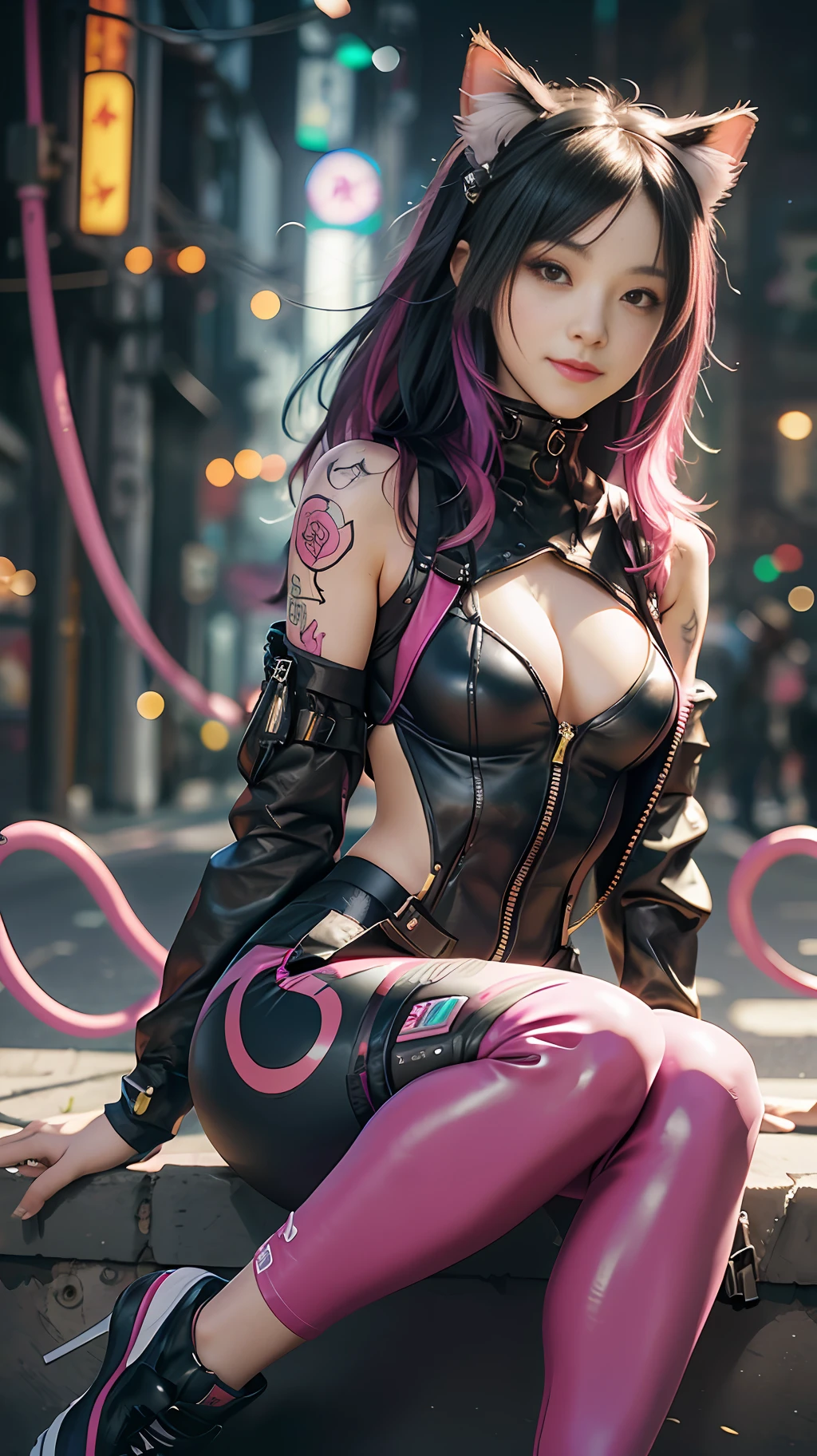 Beautiful photorealistic photograph of cute smiling nekomata cyberpunk catgirl wearing colorful tech jacket, yellow and black skintight pants , combat harness, pink shapeless hairstyle, tattoos, sitting pose, cyberpunk street background, perfect ratio proportions, abstract beauty, approaching perfection, pure form, concept art, by Brian Froud and Carne Griffiths and Wadim Kashin and John William Waterhouse, intricate details, 8k post production, high resolution, hyperdetailed, trending on artstation, sharp focus, studio photo, intricate details, highly detailed