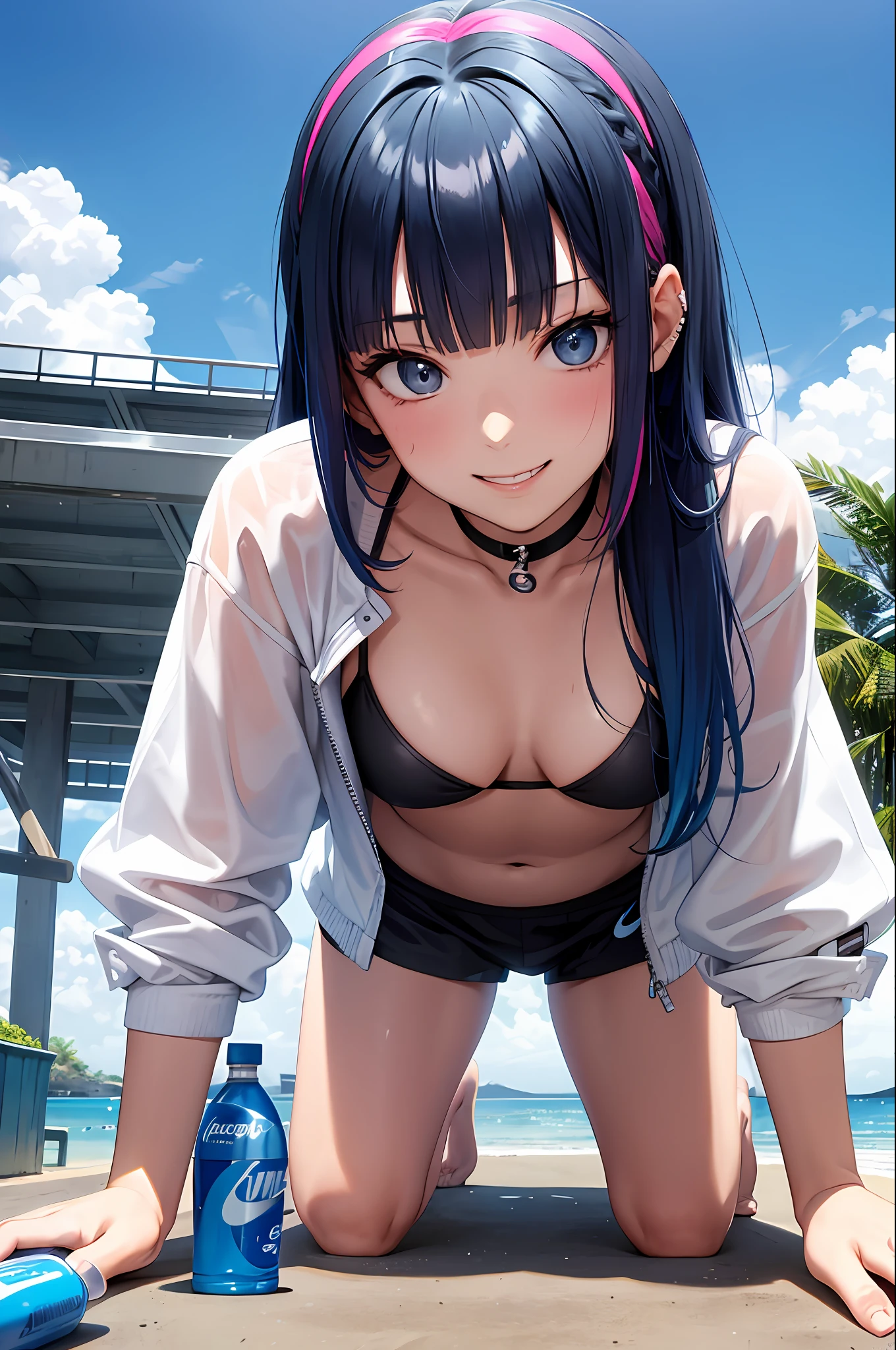 Pocari Sweat, with plastic bottle, NIKE, piercing woman, piercing, smile, colorful hair, black bikini, shorts, blunt bangs, (black skirt), 1girl,solo, flashy hair, photorealistic, high resolution, 1 girl, golden and pink and light blue hair, colorful hair color, korean, beach, wharf, cowboy shot, yes yes, on all fours