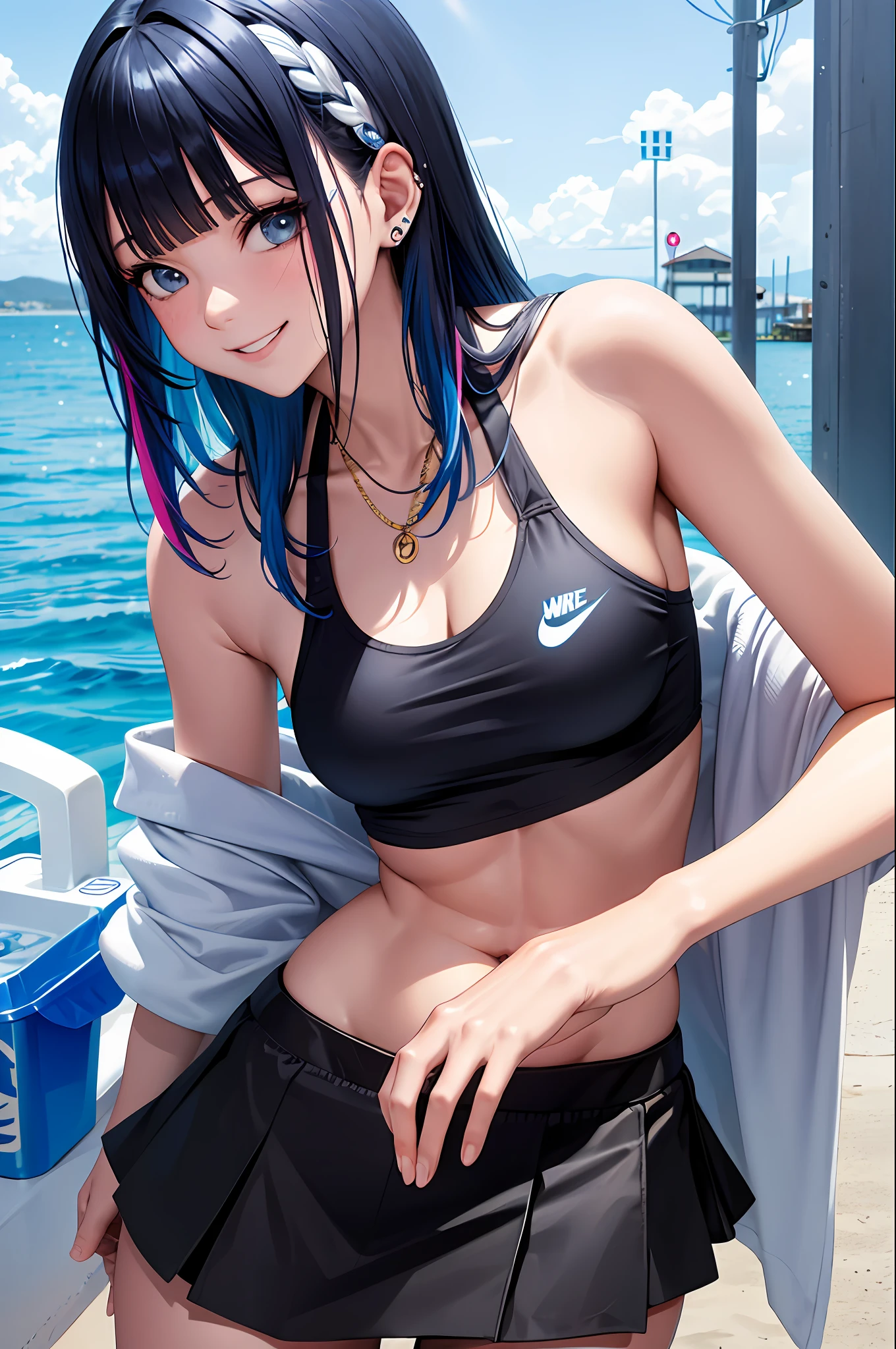 Pocari Sweat, with plastic bottle, NIKE, pierced woman, piercing, smile, colorful hair, black bikini, shorts, blunt bangs, (black skirt), 1girl,solo, flashy hair, photorealistic, high resolution, 1 girl, golden and pink and light blue hair, colorful hair color, korean, beach, wharf, cowboy shot,