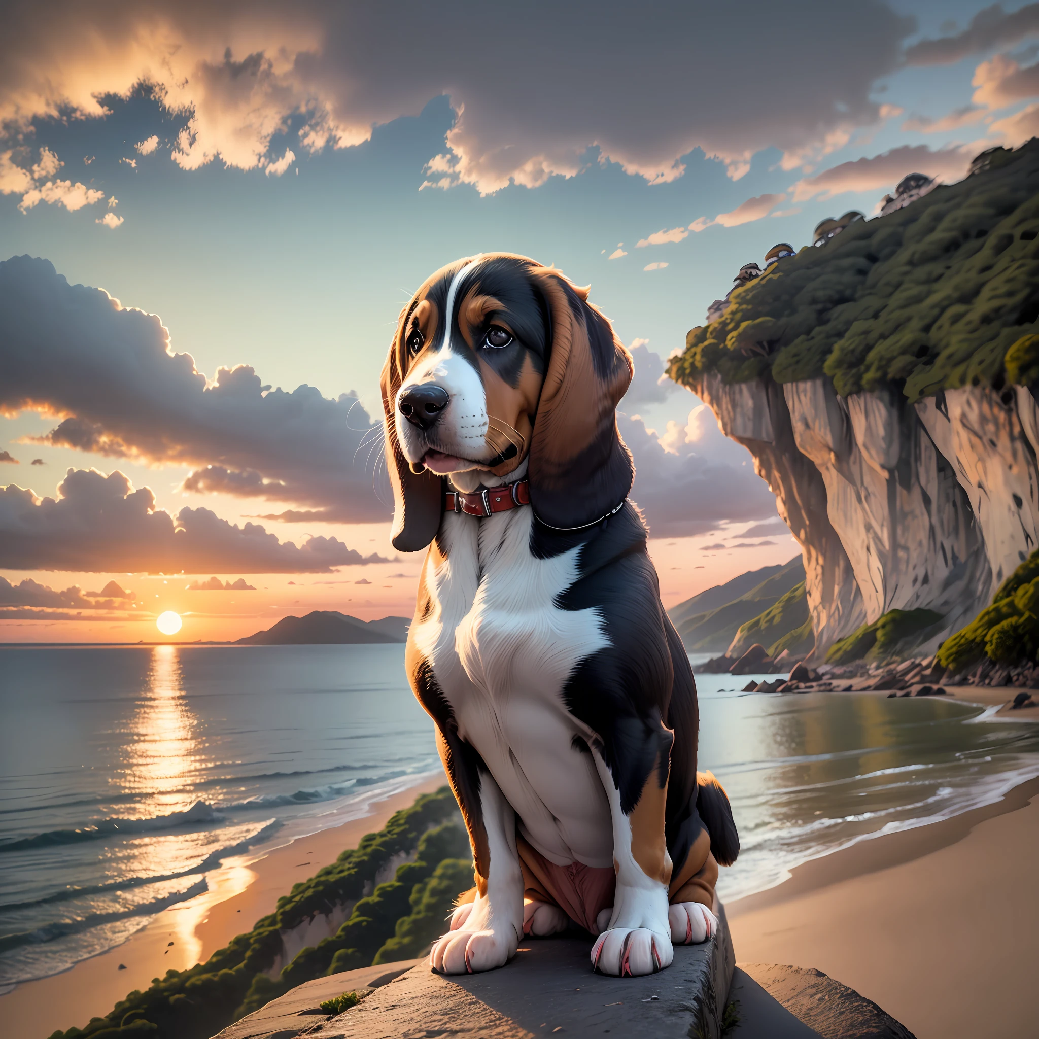 Basset hound, black, white and beige colors, in the seaside mountains of Florianópolis, watching the sunset and a UFO in the background. Mystical and vintage atmosphere. --auto --s2