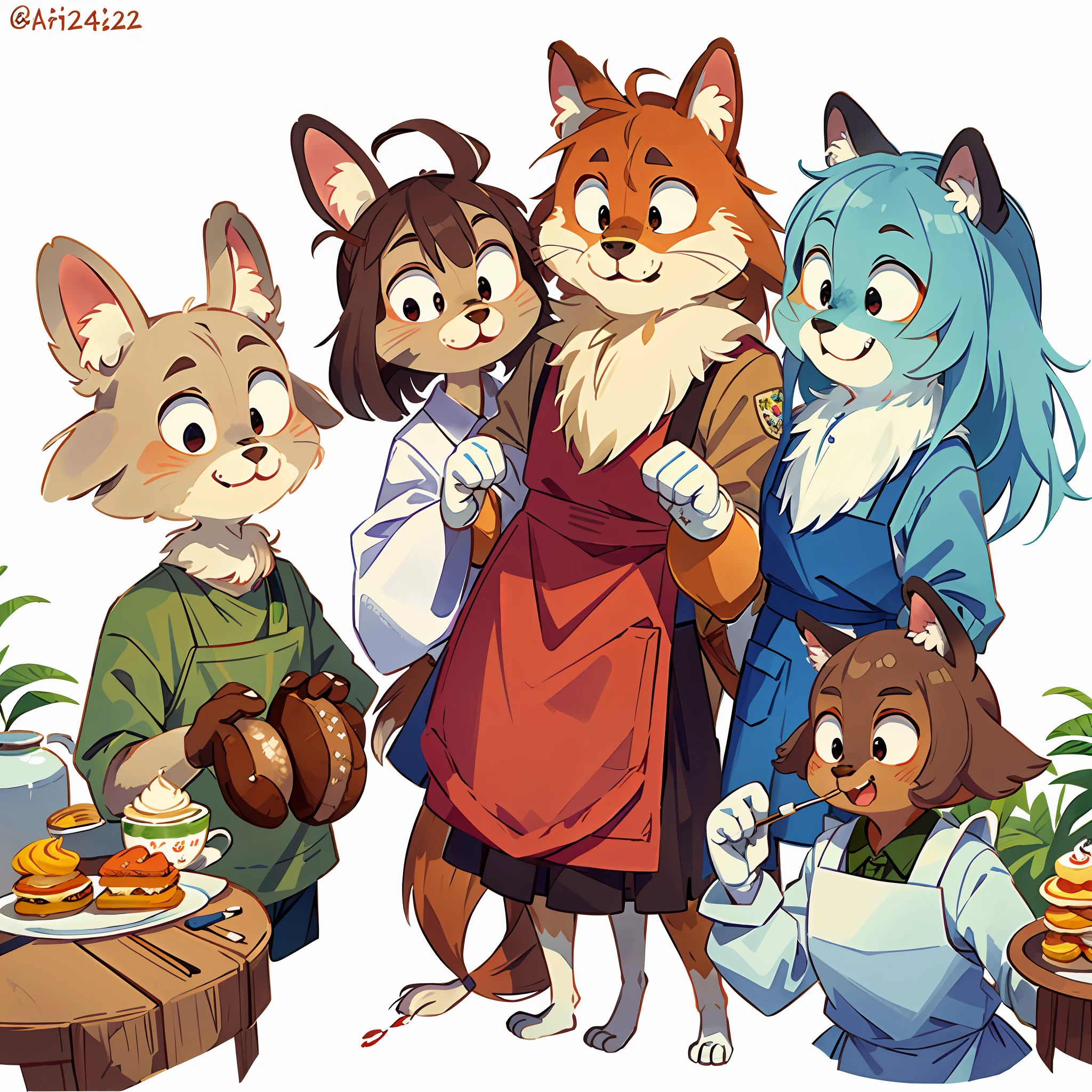 Top quality, picture book cover, watercolor, fancy, four-headed, pale color (log cabin, kitchen) (very detailed beautiful face and eyes) perfect anatomy (beastman) (beastman, cooking aprons, mittens, sweets, eating happily) (furry antro: 1.2) (animal facial features of furry bodies) (animal muzzle very detailed fur) whole body, smile with open mouth ( Dynamic Pose),