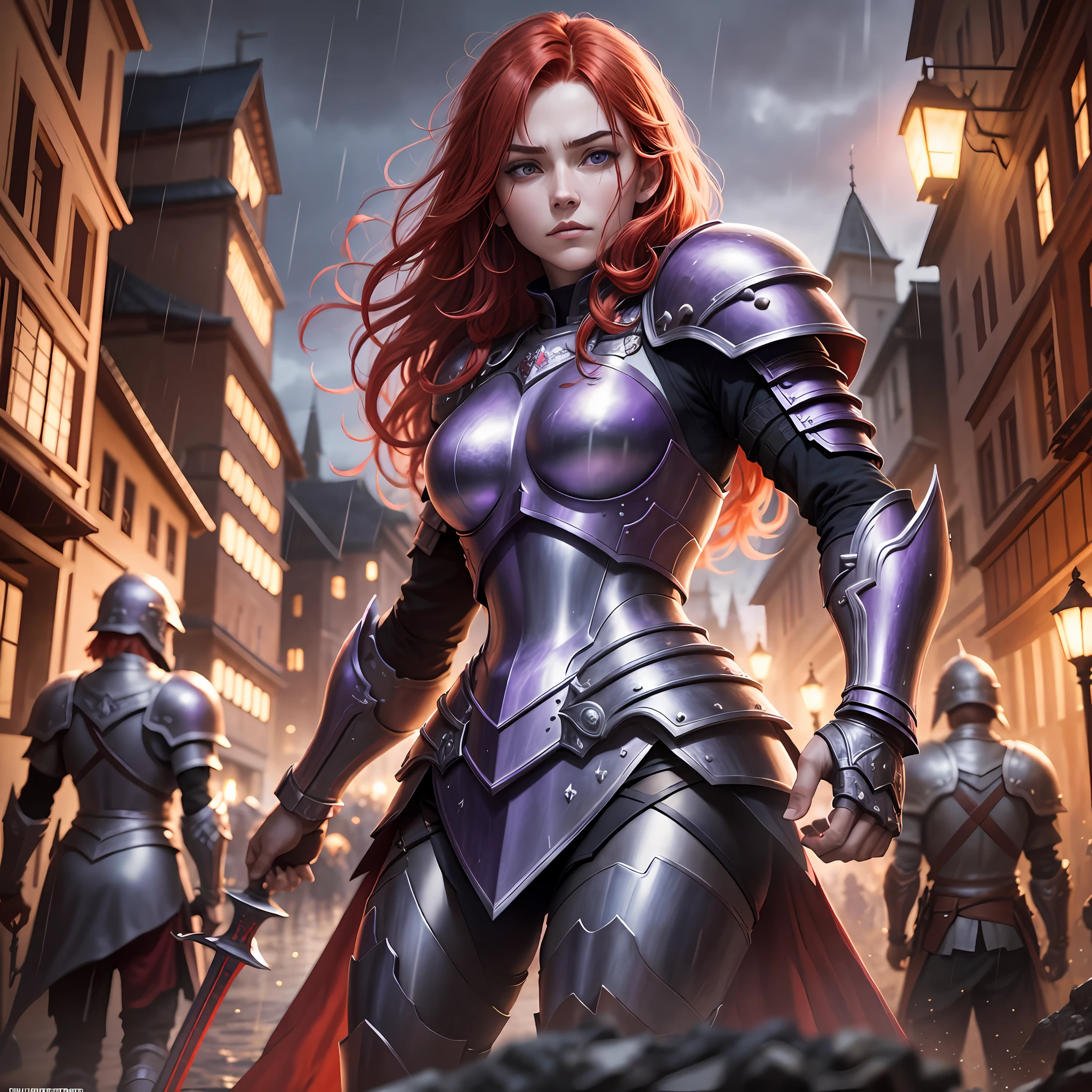 red hair, purple armor, light bearer warriors, medieval city, dark, battle, epic, war, surrealism, 8k, super detail, war, battle, darkness, rain, night, fight, torchs, war, conflict, ultra detailed
