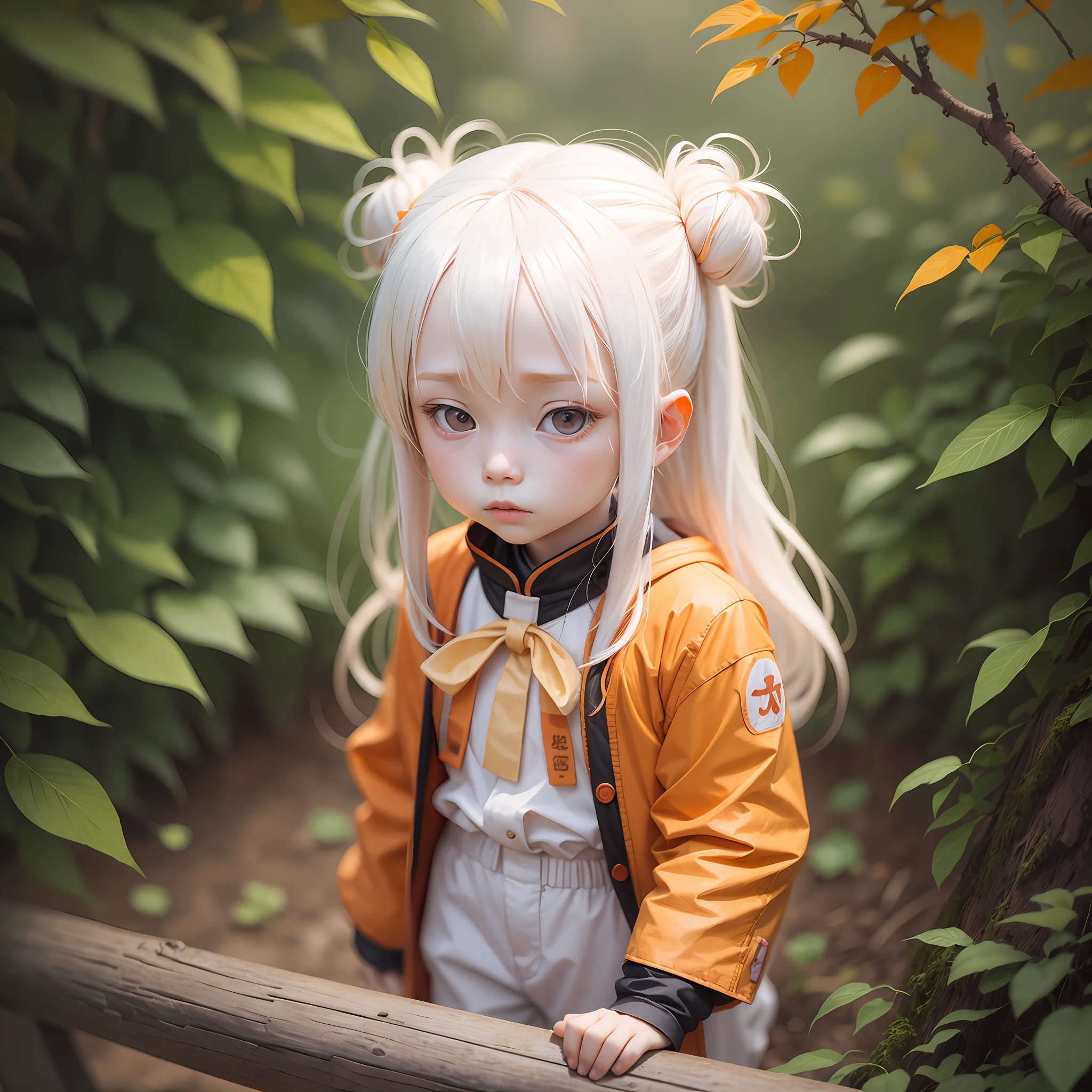 Long-haired albino little girl wearing an orange jacket with bleach sleeve style pants painted in Nanking with pastel paint --auto --s2