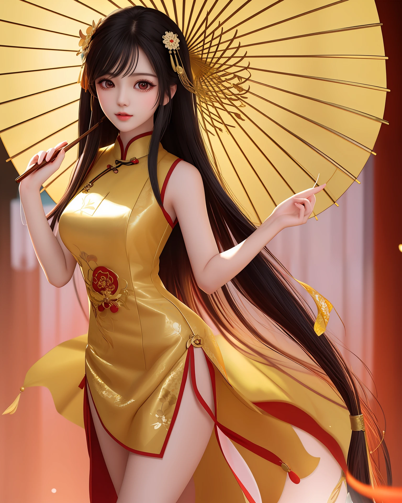A beautiful Asian girl with long hair, big eyes, long eyelashes, wearing a cheongsam, plump figure, full body photo, slender thighs, holding an oil-paper umbrella