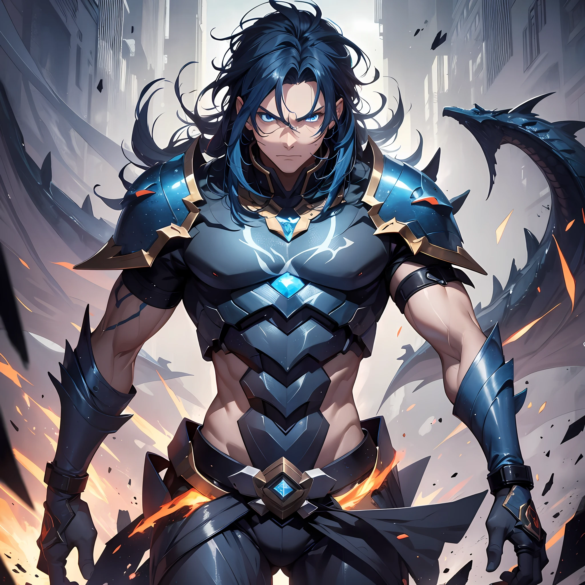 1boy,long messy dark blue hair,lapice blue eyes,tanned skin,dragon humanoid, serious face,BREAK,highest quality digital art, Stunning art, wallpaper 4k,8k,64k, HD, unparalleled masterpiece, dynamic lighting, cinematic, epic