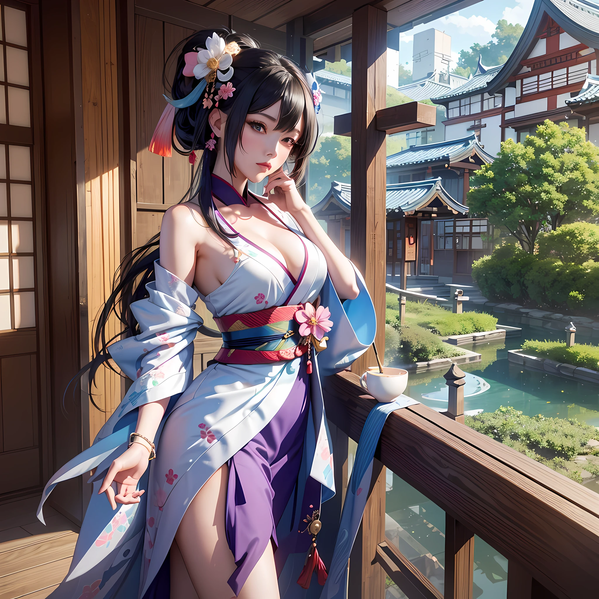 There is a woman in kimono standing on the deck, popular on CGSTATION, seductive anime girl, beautiful seductive anime woman, beautiful digital artwork, sexy pose, popular in CGSTATION, Japanese goddess, 3D anime reality, smooth anime CG art 8K --auto --s2