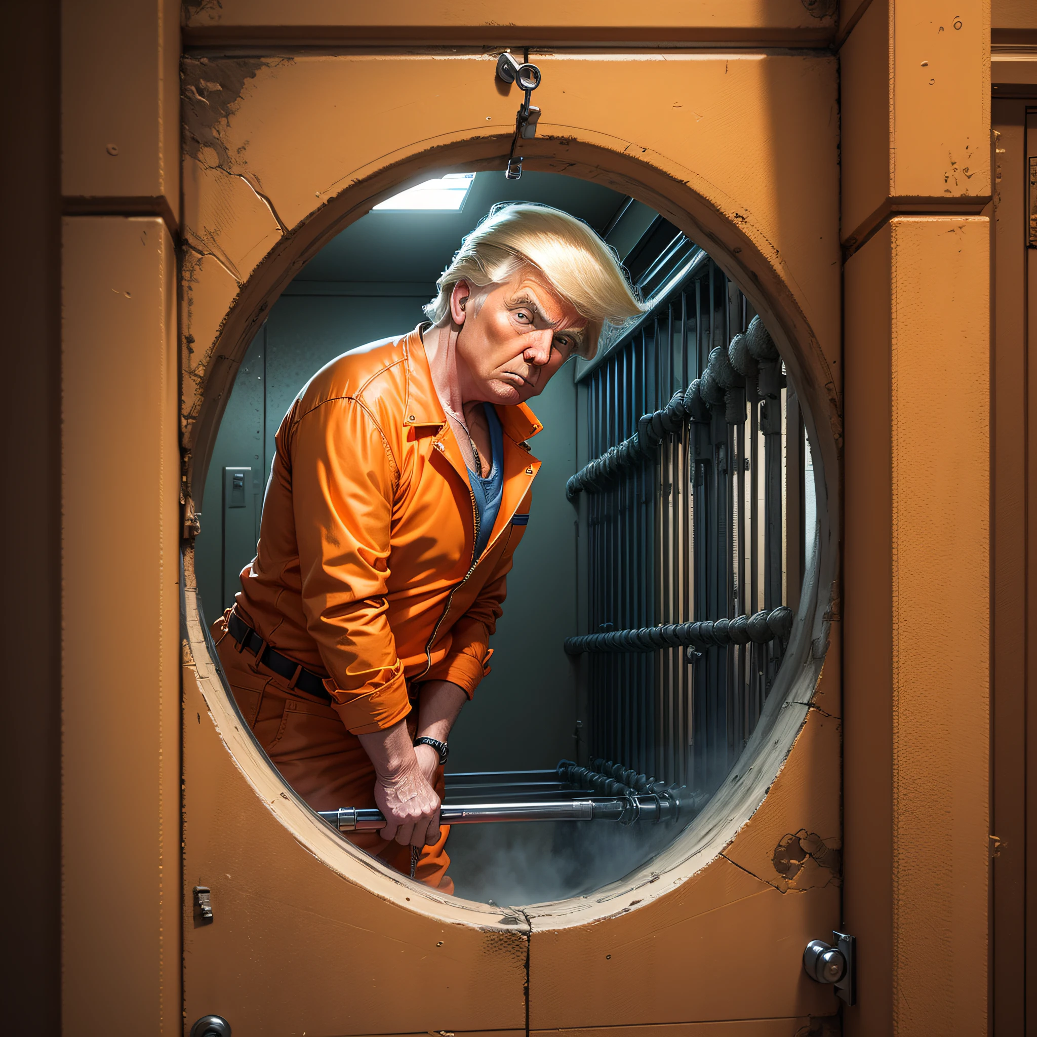 Donald Trump, in a dank prison cell, wearing an orange jumpsuit.