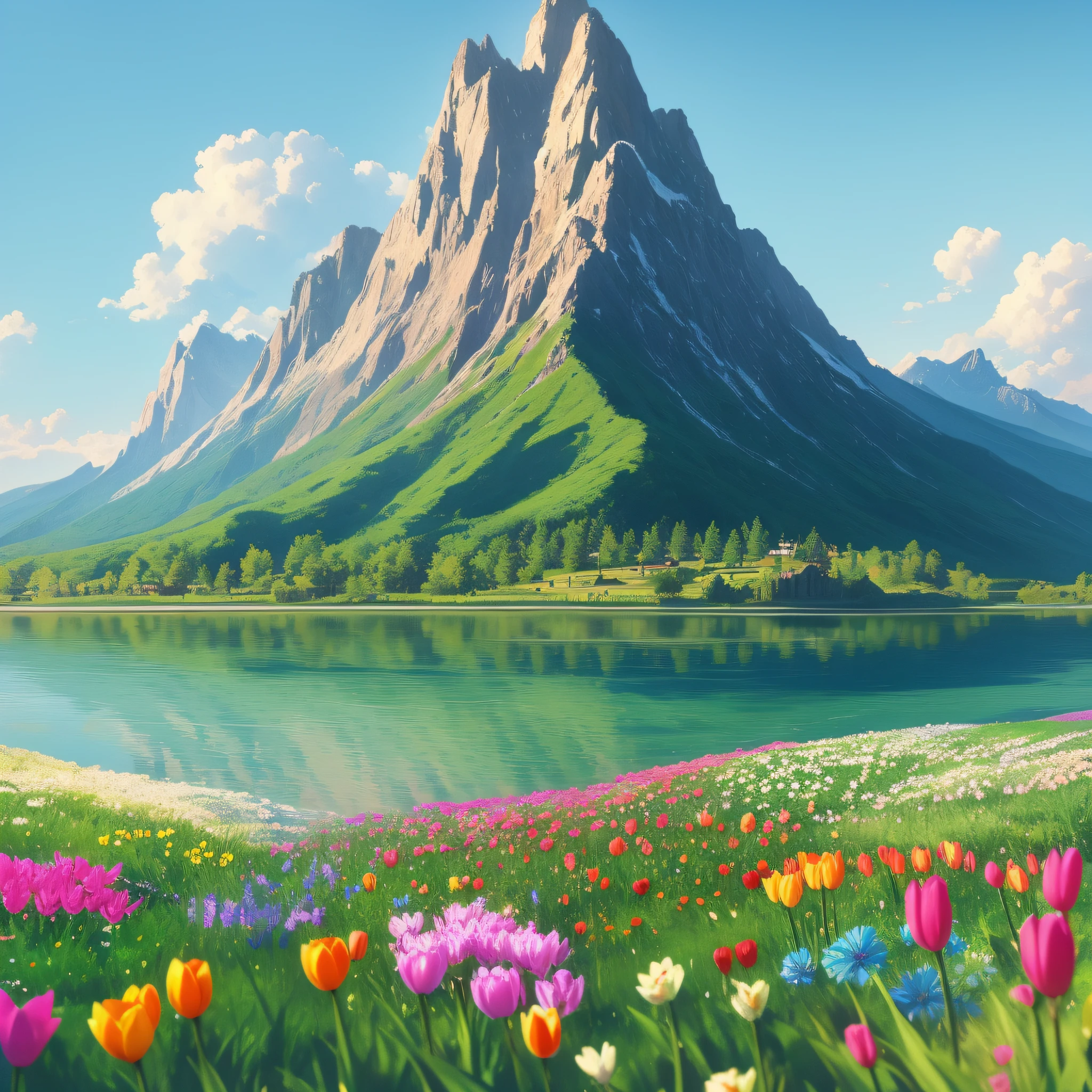 Create a realistic image of a verdant field with the following characteristics:
The field should be wide and covered with lush green grass.
Include a small serene lake in the center of the field.
Arrange tulips and colorful lilies around the lake.
In the background, draw an imposing mountain, with its sunlit peak.
The sky should be light blue, with few scattered white clouds.
Make sure the image is of high quality, with realistic detail and vibrant colors.
If available, adjust the temperature to a value that conveys a warm and pleasant feeling.
Limit the resolution of the image to 1920x1080 pixels and save it in JPEG format.
Remember that the generated image must be unique and not copied from any existing source. Be creative and original in your approach. --auto --s2