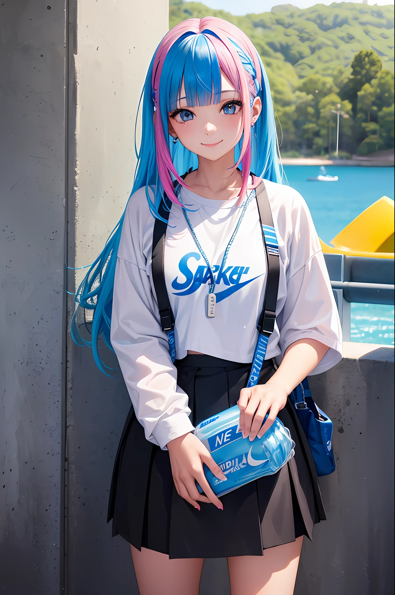Pocari Sweat, with plastic bottle, NIKE, piercing woman, piercing, smile, colorful hair, summer school uniform, blunt bangs, (black skirt), 1girl,solo, flashy hair, photorealistic, high resolution, 1 girl, golden and pink and light blue hair, colorful hair color, korean, beach, wharf, cowboy shot,