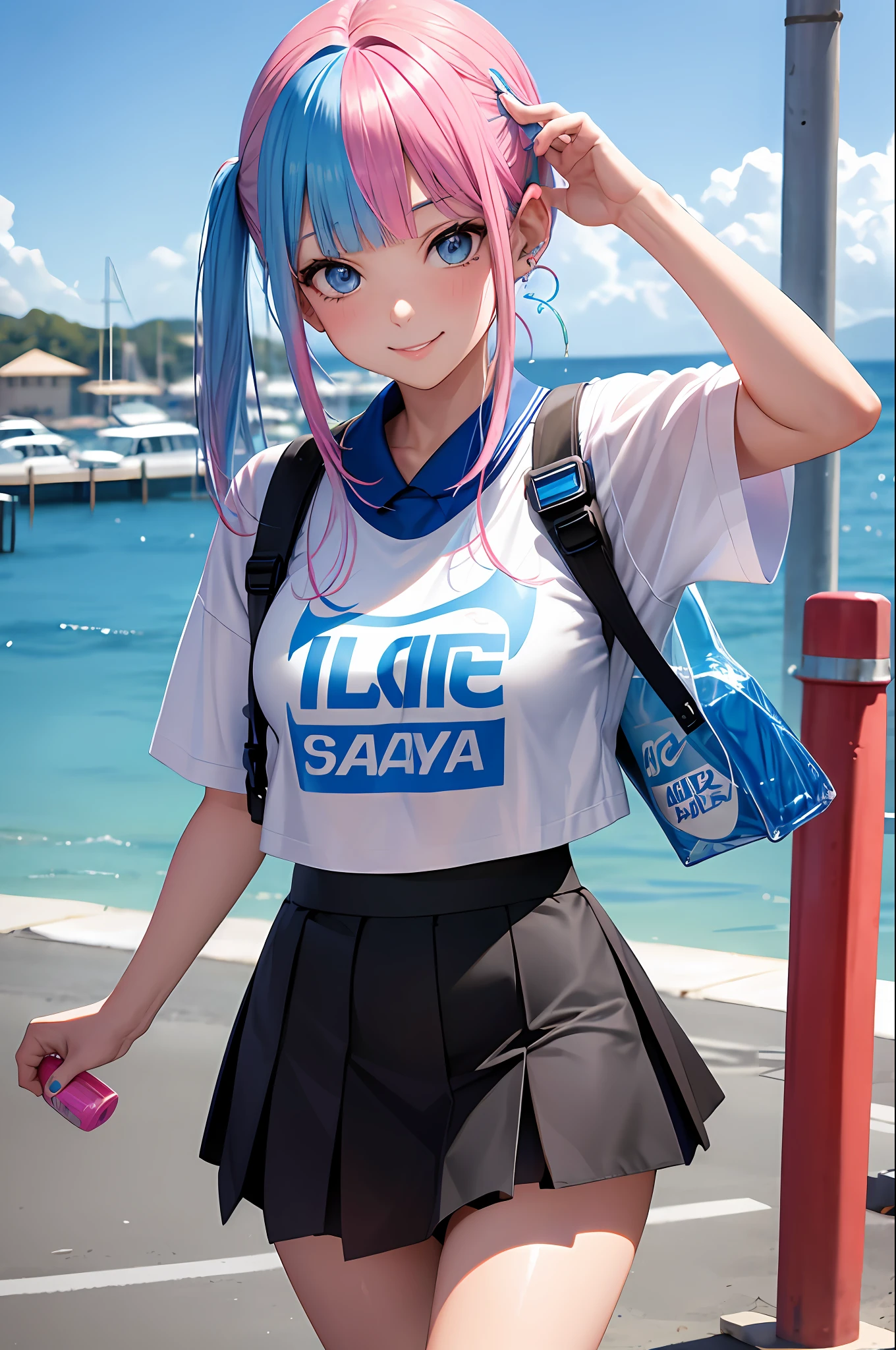 Pocari Sweat, with plastic bottle, NIKE, piercing woman, piercing, smile, colorful hair, summer school uniform, blunt bangs, (black skirt), 1girl,solo, flashy hair, photorealistic, high resolution, 1 girl, golden and pink and light blue hair, colorful hair color, korean, beach, wharf, cowboy shot,