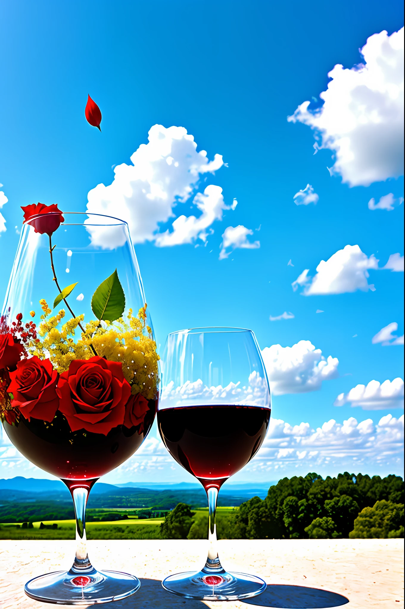 A glass of crystal, red wine, green roses, colorful, blue sky and white clouds