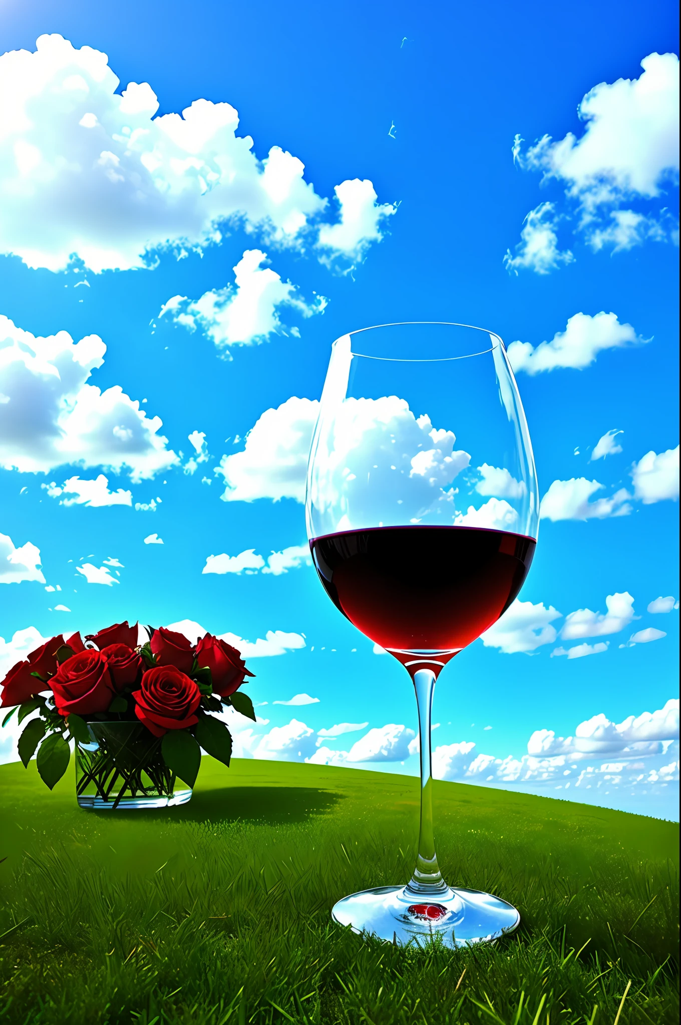 A glass of crystal, red wine, green roses, colorful, blue sky and white clouds