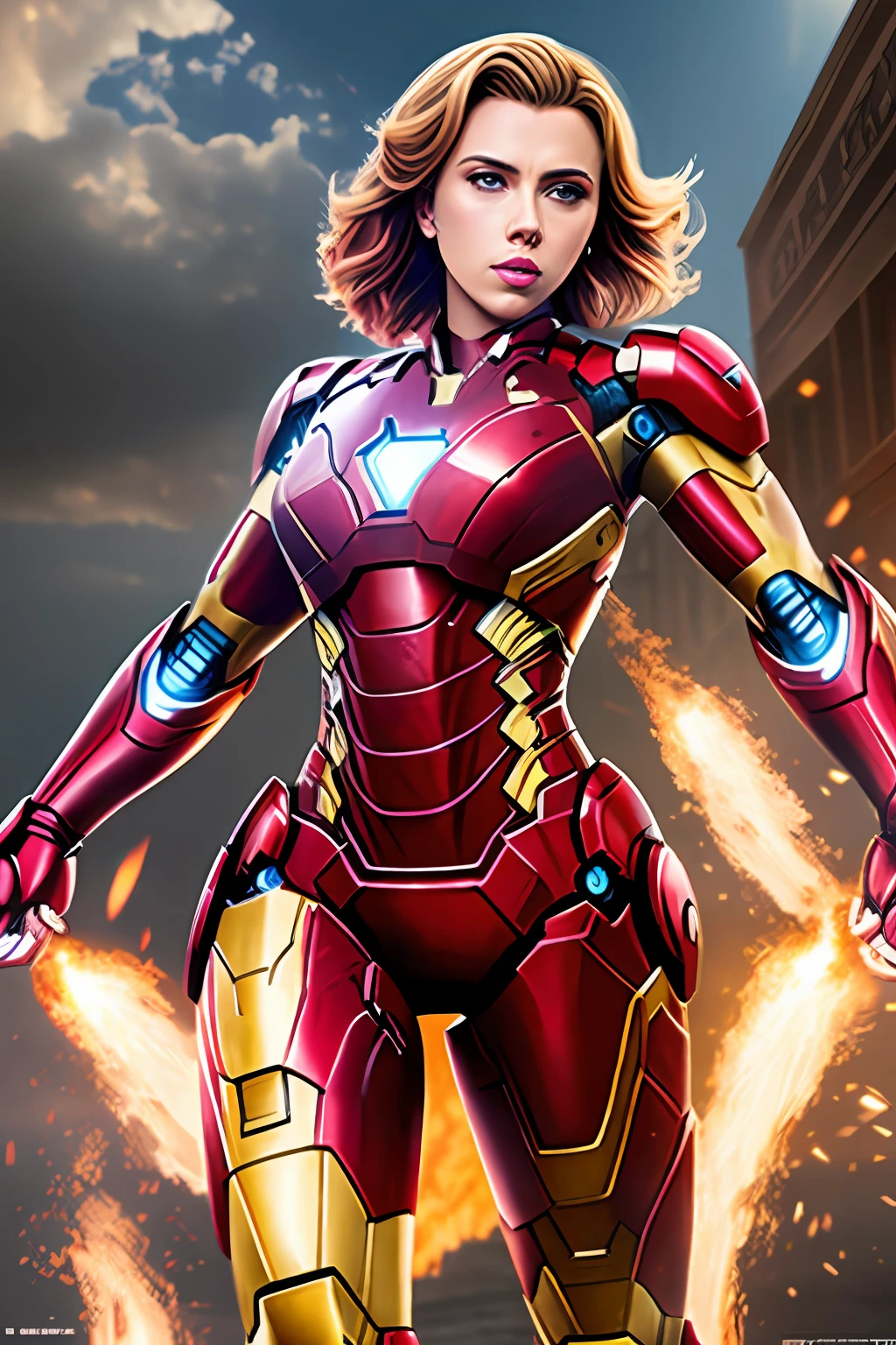 Scarlett Johansson with realistic iron man outfit, best lighting, cinematic, best shadow,HD