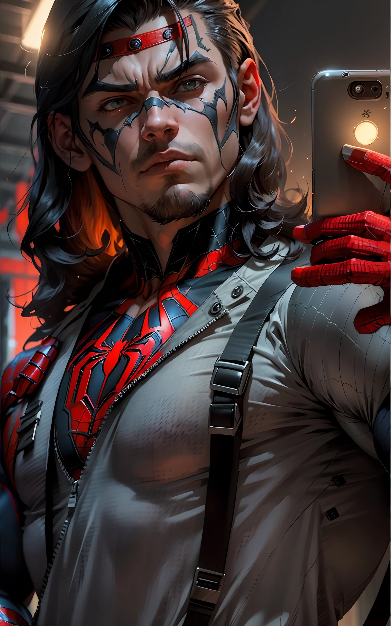 Man with muscular spider man anime outfit