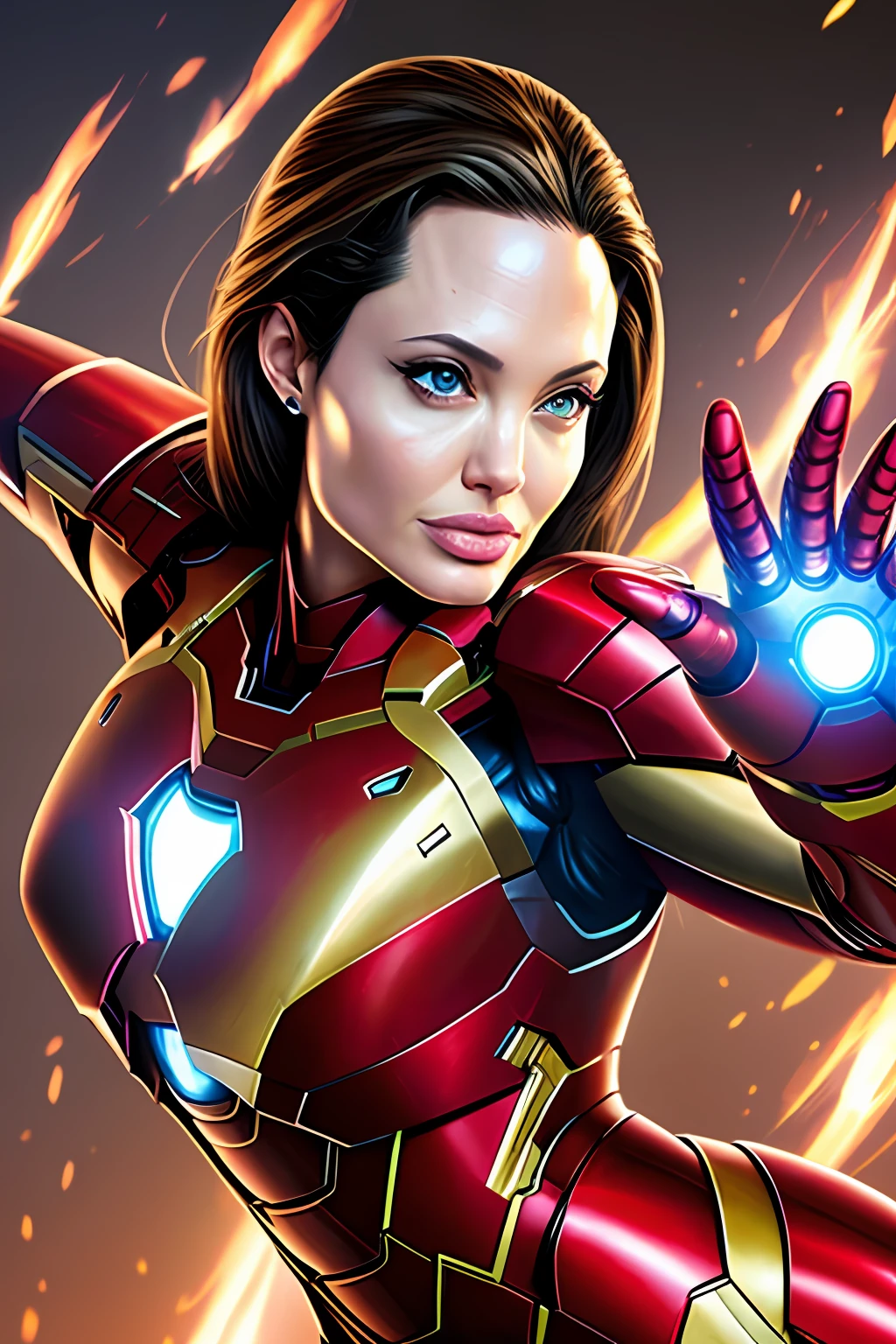 Angelina Jolie with hyper realistic iron man outfit, best shadow, best lighting, cinematic,hd