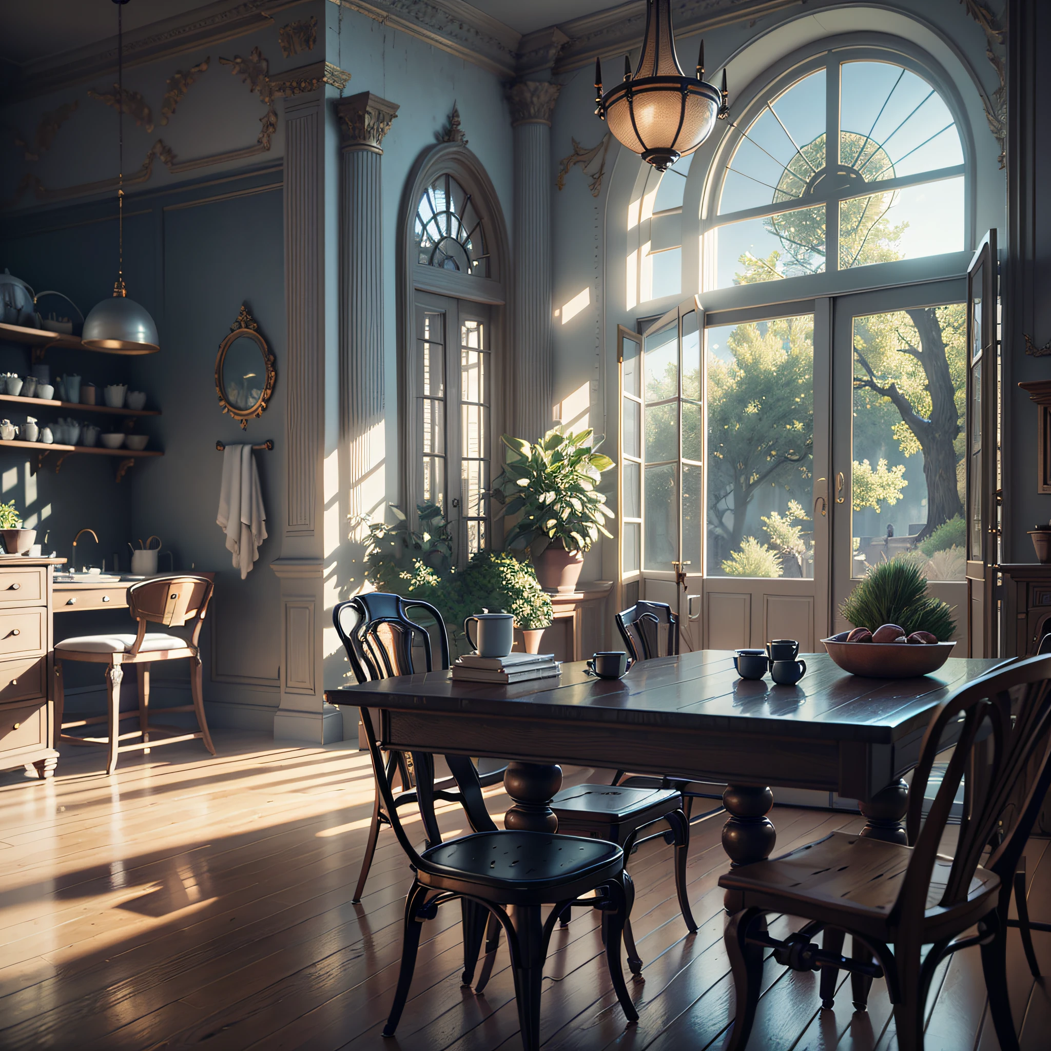 a dining room with a table and chairs and a large window with a woman in the room, realistic rendering of the unreal engine, rendering of the vray 8k, rendering of the unreal engine 5, rendering of the unreal engine 5, rendering of the unreal engine 5 dramatic rendering, realistic fantasy rendering, cinematic rendering of the unreal engine, rendering in the unreal engine 5,  HDR rendering in unreal engine 5, photorealistic rendering in octane, rendering in irreal 5