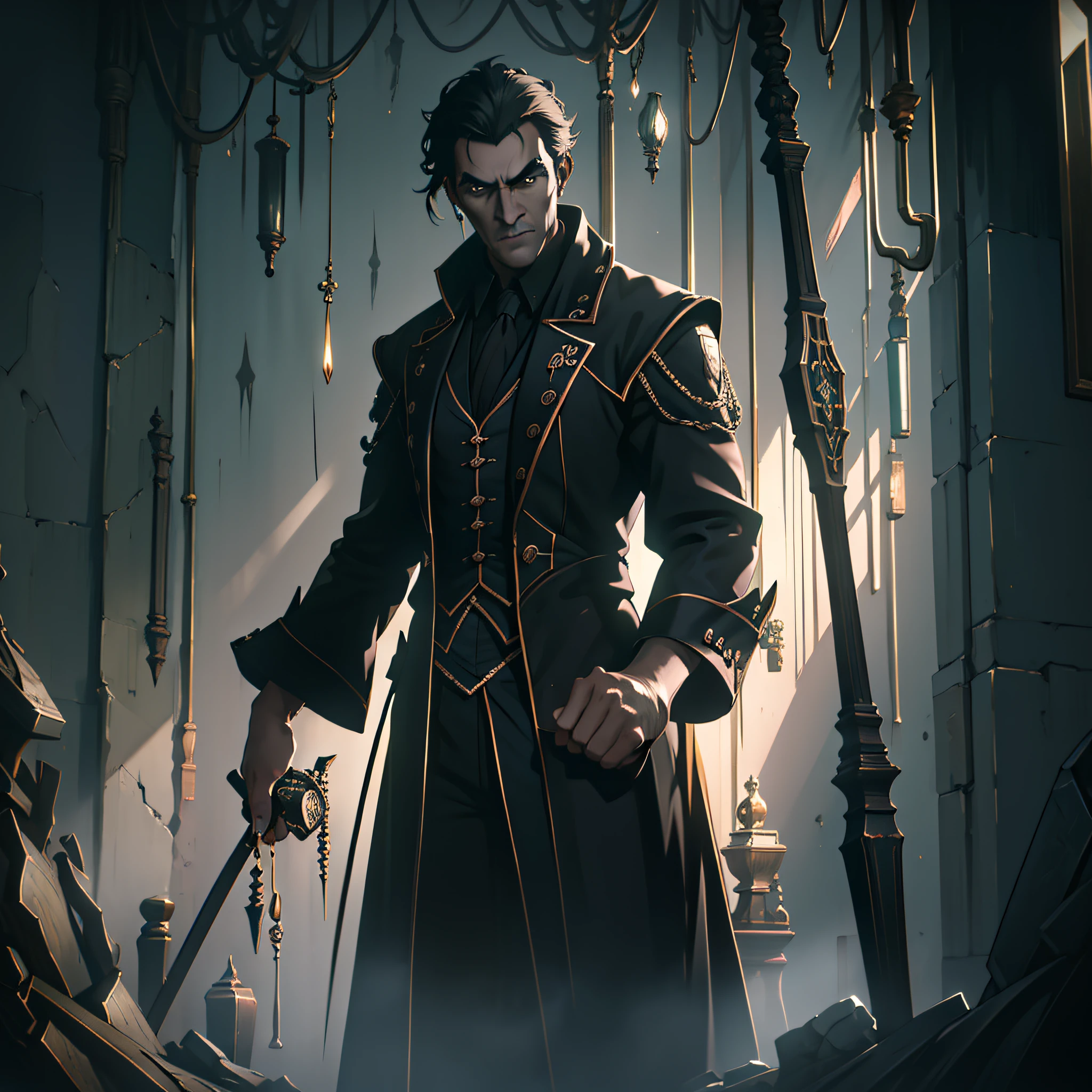 (extremely detailed CG unity 8k wallpaper, best quality, masterpiece), a towering figure, refined garb, intricate details, piercing gaze, chilling expression, confident grip on a striking cane,(1man), dramatic lighting, dark and gothic atmosphere.