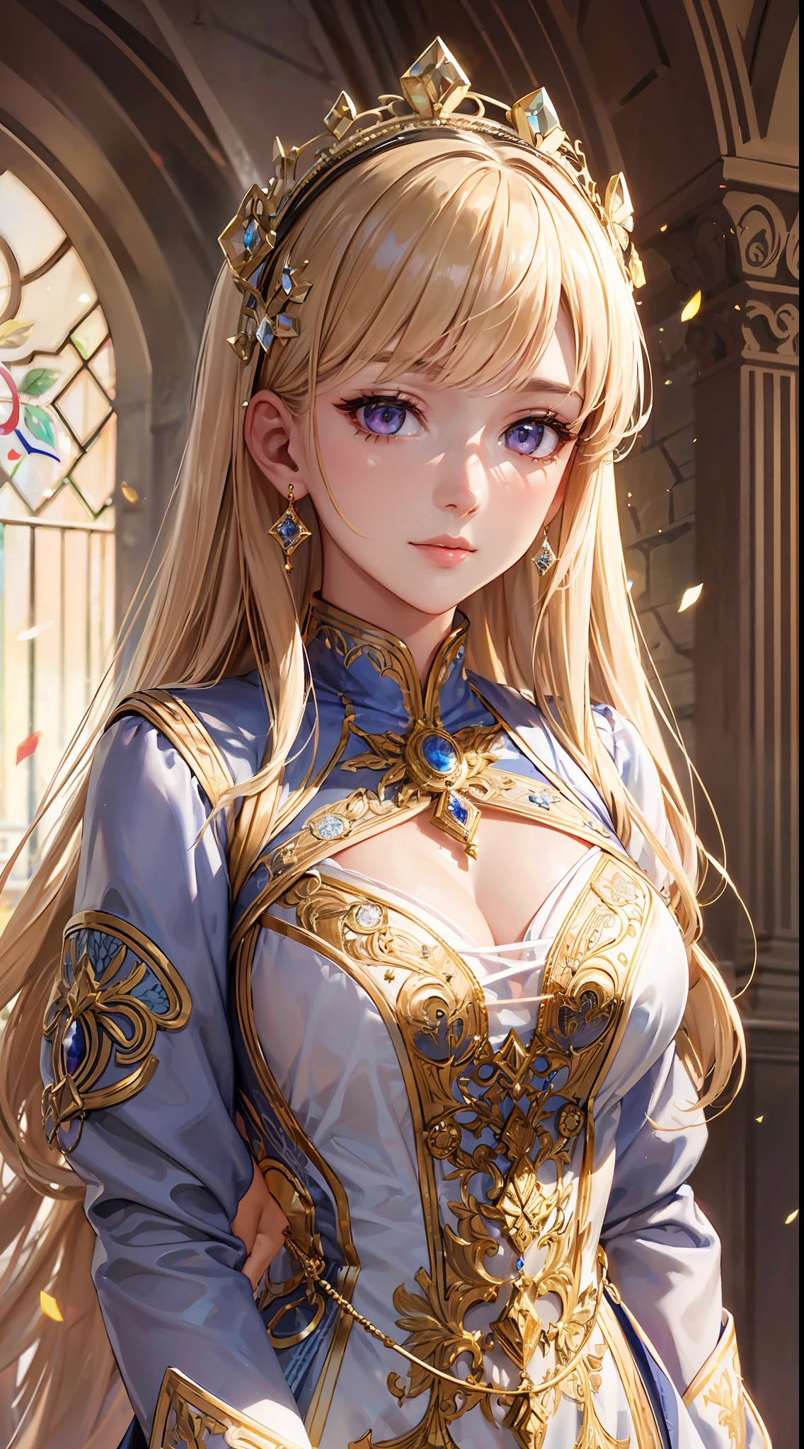 (absurd, high resolution, super detail), 1 girl, adult woman, (full body), blonde beautiful long hair, dull bangs, crystal clear purple eyes, fine craftsmanship shines dress, gold beautiful and detailed decoration, fine detailed eyes and detailed face, intricate details, BREAK mosaic art, glass pieces, intricate patterns, durable surface, intricate details, enlarged texture, stunning clarity, hidden beauty, artisanal work, unique design, intricate details, creative expression, skilled craftsmanship, looking towards the viewer, whole body, (Masterpiece)))), (highest quality)))), ((Ultra detailed)), (Illustration))), (Detail light), ((Very delicate and beautiful)), (Beautiful detail eyes), (Lighting drop reflection), HDR, Exquisite lighting and shadows, very dramatic images, Cinematic lens, charming smile, woman one, (((background is a castle of medieval European aristocracy))) (excellent detail, good lighting, wide angle), (excellent rendering, enough to stand out in it), class, solo, confetti, looking towards the viewer, beautiful detail hairstyles and beautiful detail hair accessories, colorful light refraction, light particles,