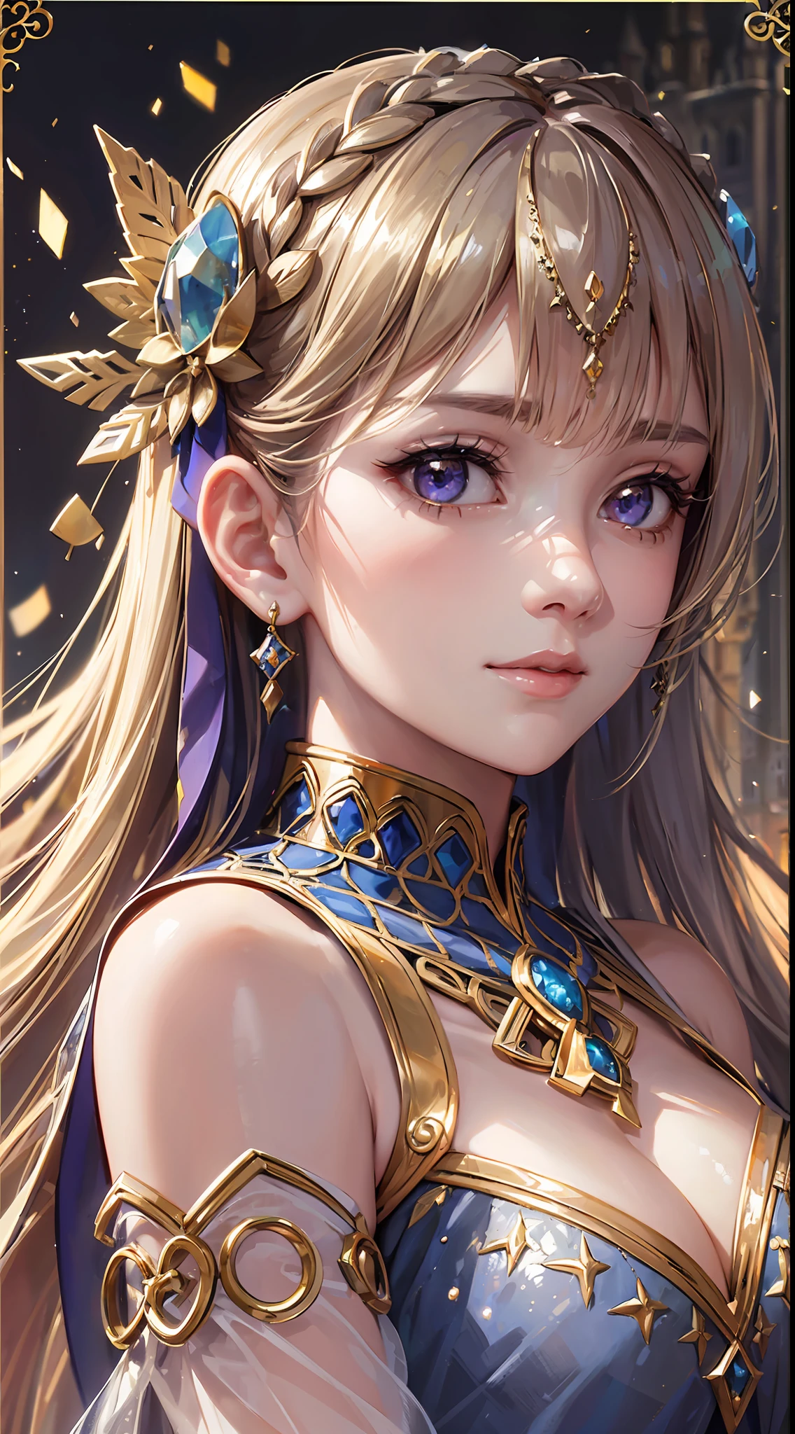 (absurd, high resolution, super detail), 1 girl, adult woman, (full body), blonde beautiful long hair, dull bangs, crystal clear purple eyes, fine craftsmanship shines dress, gold beautiful and detailed decoration, fine detailed eyes and detailed face, intricate details, BREAK mosaic art, glass pieces, intricate patterns, durable surface, intricate details, enlarged texture, stunning clarity, hidden beauty, artisanal work, unique design, intricate details, creative expression, skilled craftsmanship, looking towards the viewer, whole body, (Masterpiece)))), (highest quality)))), ((Ultra detailed)), (Illustration))), (Detail light), ((Very delicate and beautiful)), (Beautiful detail eyes), (Lighting drop reflection), HDR, Exquisite lighting and shadows, very dramatic images, Cinematic lens, charming smile, woman one, (((background is a castle of medieval European aristocracy))) (excellent detail, good lighting, wide angle), (excellent rendering, enough to stand out in it), class, solo, confetti, looking towards the viewer, beautiful detail hairstyles and beautiful detail hair accessories, colorful light refraction, light particles,