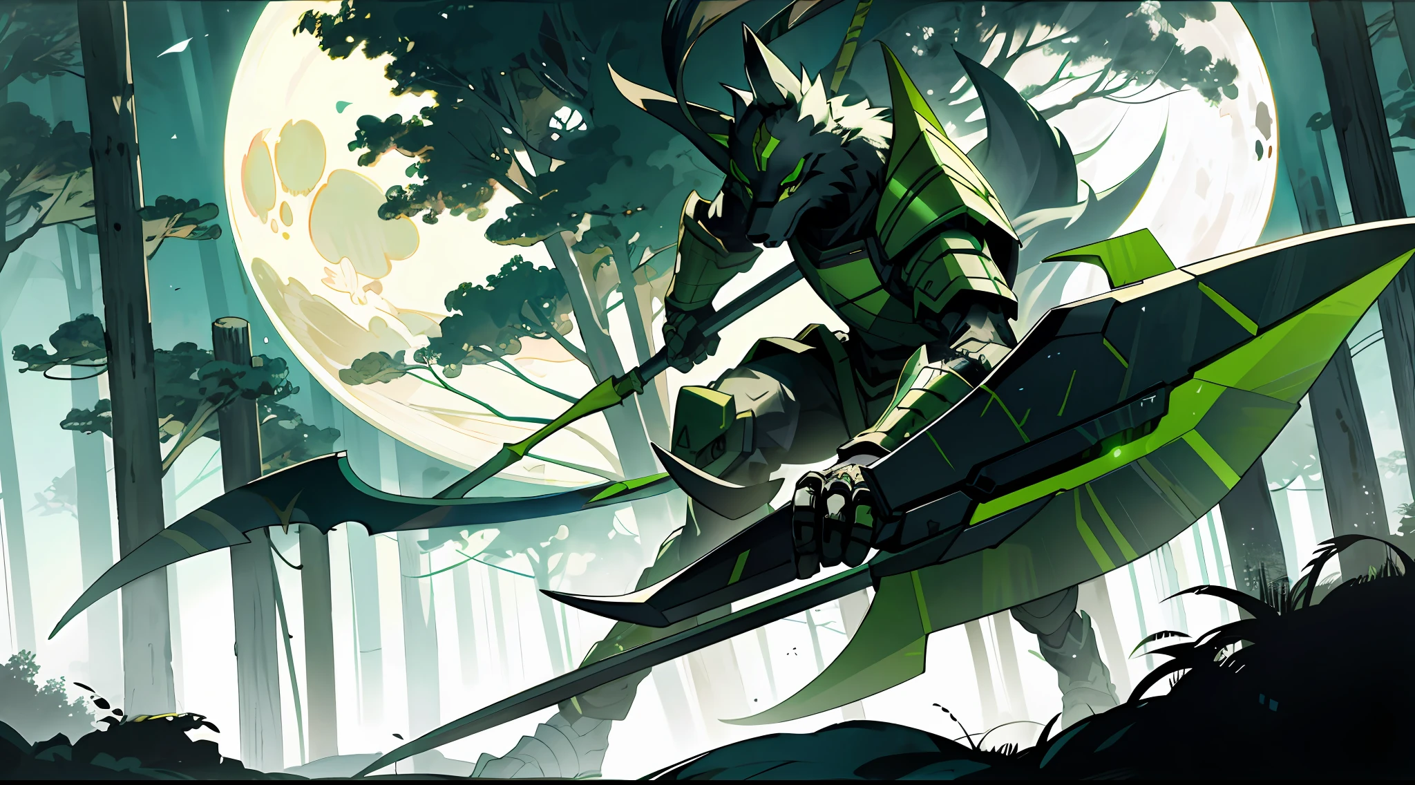 an humanoid wolf with green armor, with a scythe, in a forest, night, moon