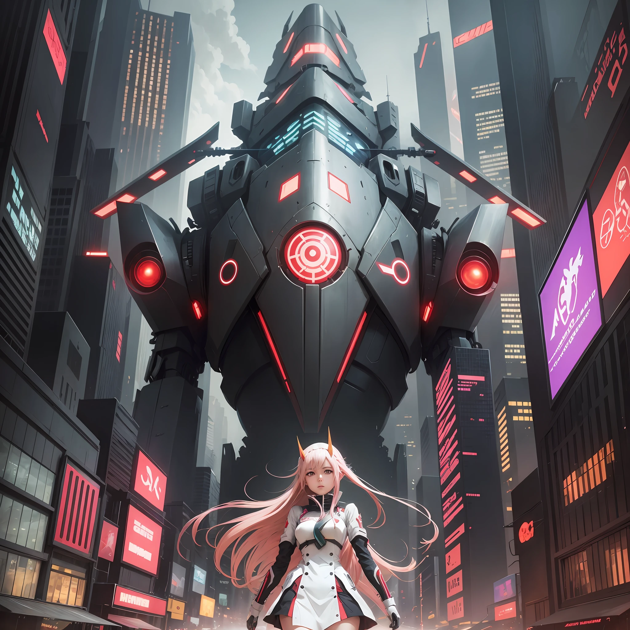 darling in the franx, zero two mech, pyberpunk style, background futuristic city --auto --s2