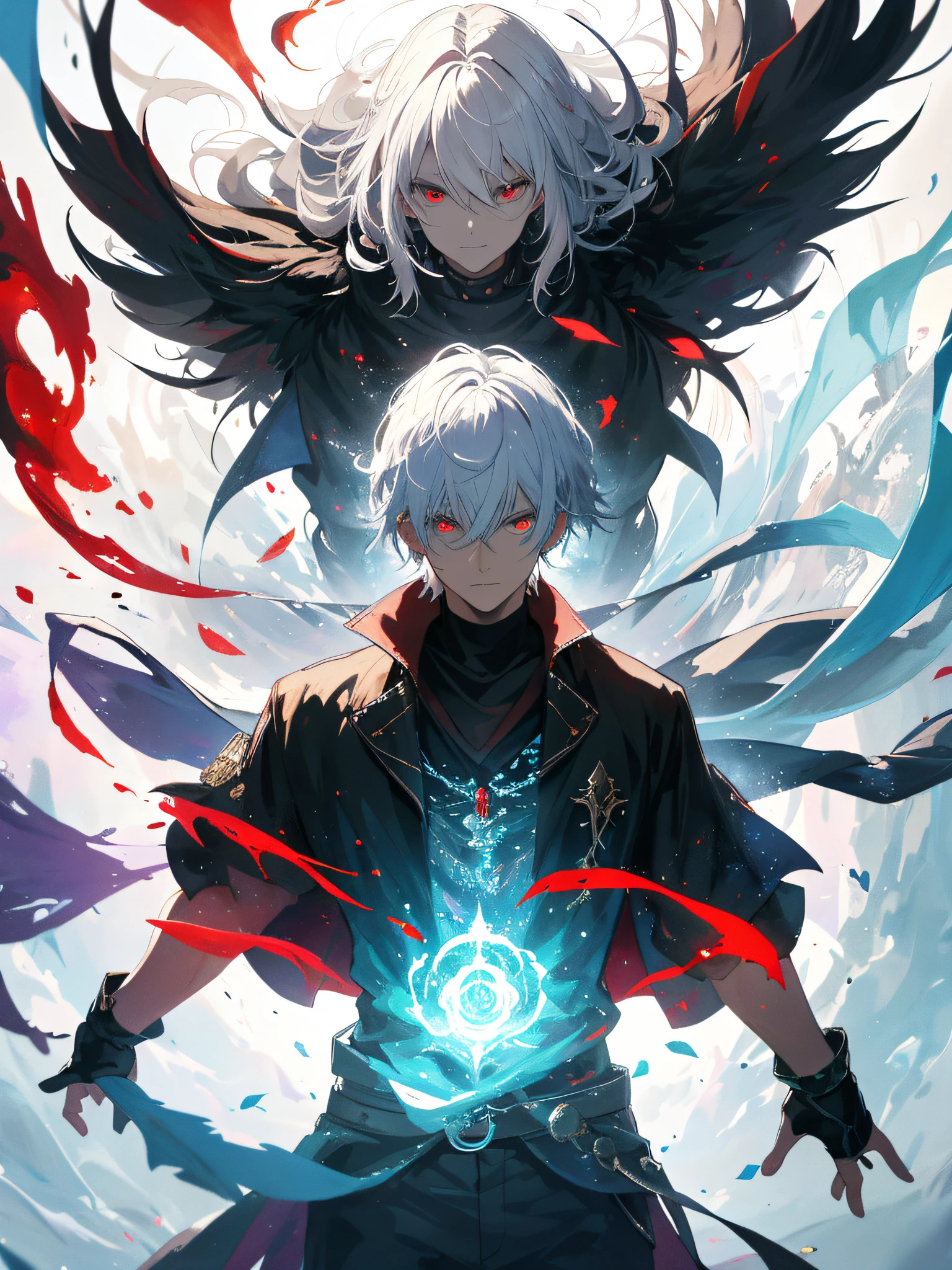 a painting that represents the essence of magic in your world, showing the white-haired, red-eyed protagonist with a mystical black mark on his neck immersed in a cascade of magical energy, with glowing particles dancing around him and arcane symbols forming in the air, masterpiece, best quality, ultra-detailed, illustration, 8k resolution concept art, fantasy art, epic art, concept art wallpaper 4k, deep color, natural lighting