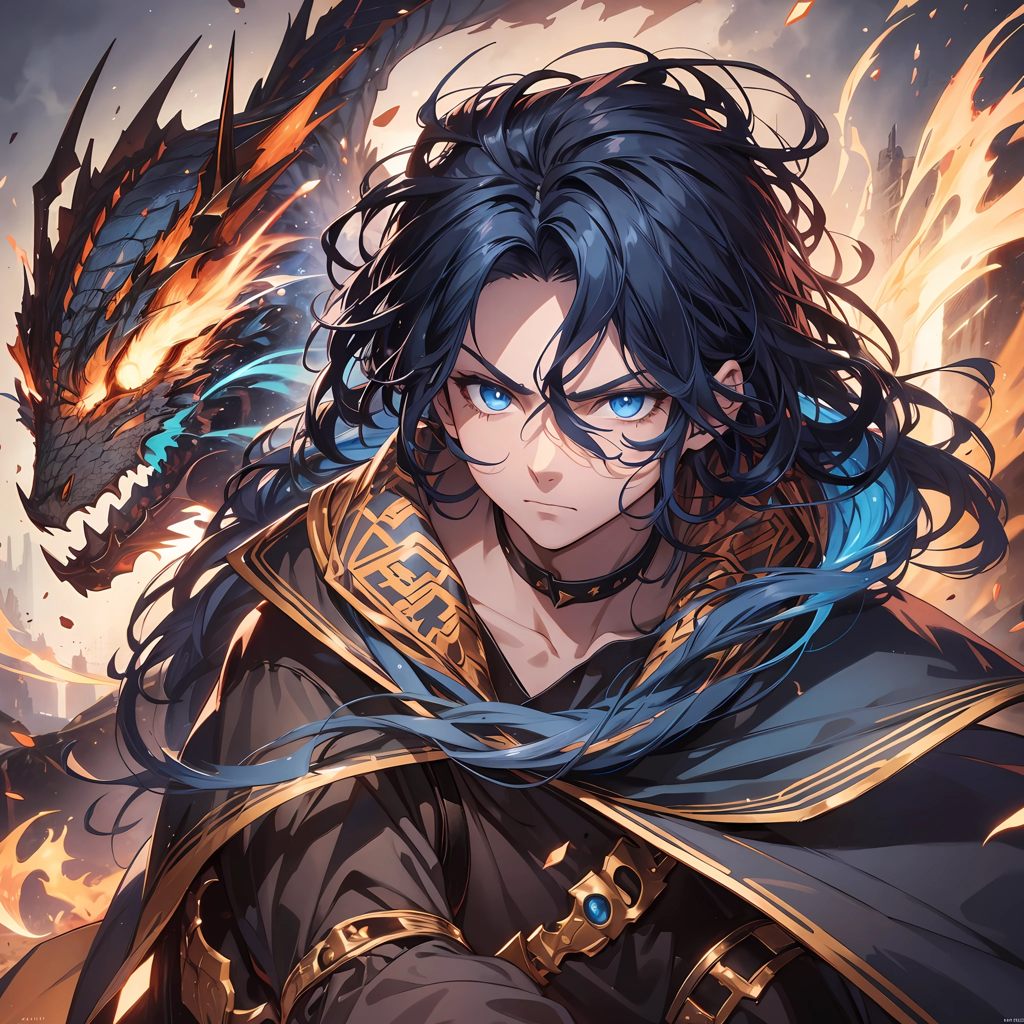 1boy,long messy dark blue hair,lapice blue eyes,tanned skin, wearing a brown cloak,human,dragon humanoid, serious face,BREAK,highest quality digital art, Stunning art, wallpaper 4k,8k,64k, HD, unparalleled masterpiece, dynamic lighting, cinematic, epic