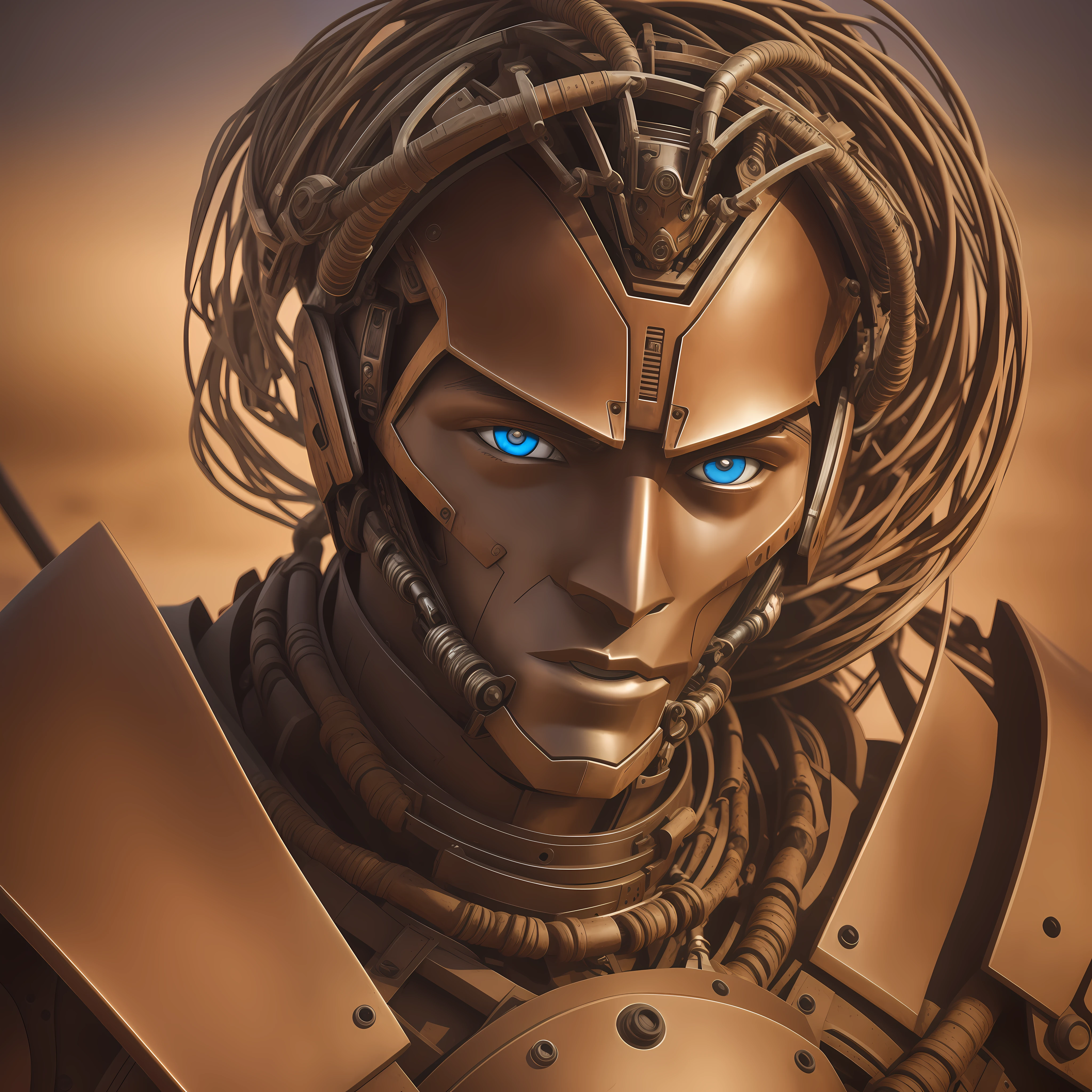 a mechanical cyborg male warrior, partially rusted armor, scorching heat, desert, [[[[closeup]]]], [[[[face]]], [[[[[neck]]], [[[[shoulders]]], perfect eyes, soft front light, brightness, HDR, very strong colors --auto --s2