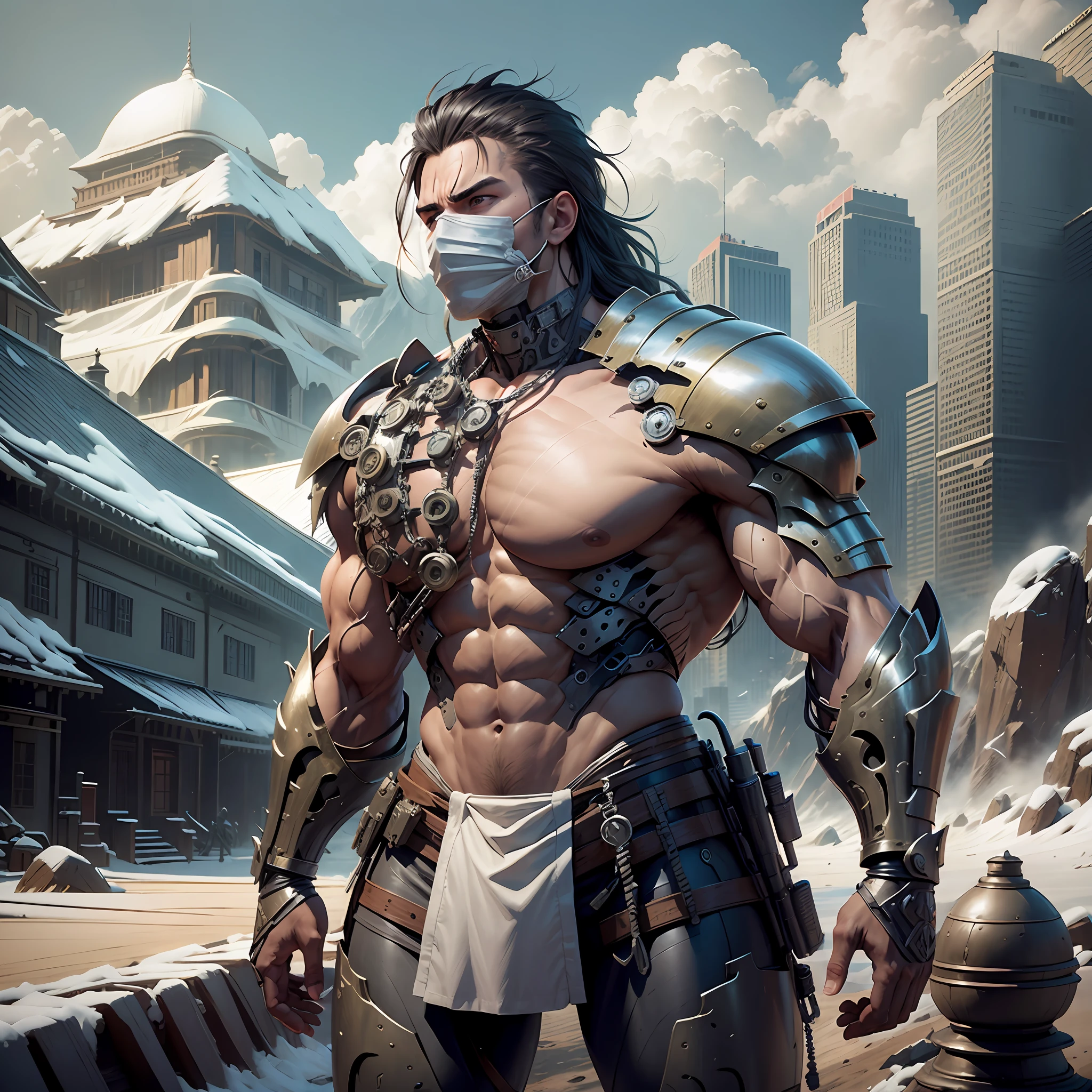 Man 25 years, athletic body, bicipes and triceps detailed, jaw with black mask, thick aesthetic neck, beautiful big eyes, samurai hair, shirtless, strong forearm, defined abdomen, large pectoral, angry look, legs armored by technological suit, large legs defined, high quality, warrior, sicatrizes, full body vision, mountains background, 4k, extremely detailed, Unreal Energy 5. --auto --s2