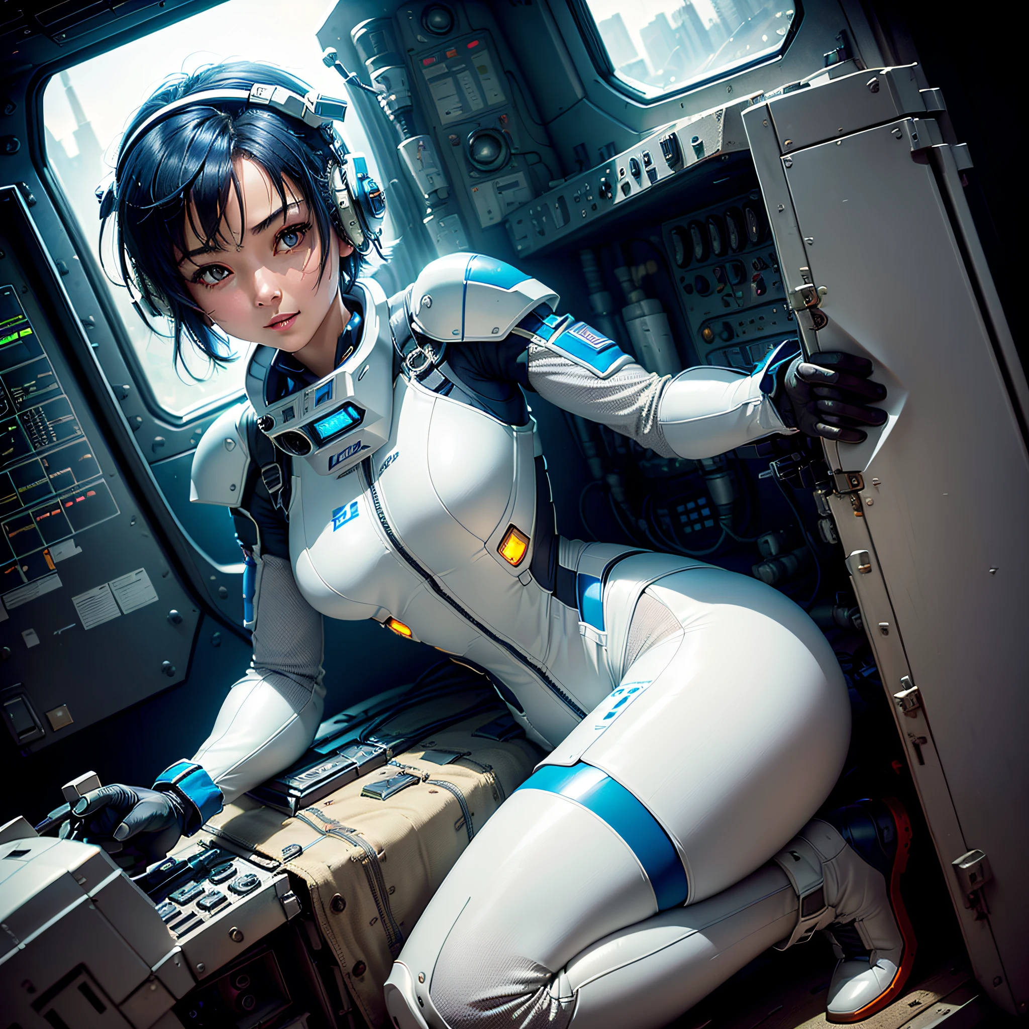 (masterpiece, highest quality, highest resolution, distinct_image, very elaborate CG, cinematic lighting, ray tracing, drop shadows, detailed detail, (photorealistic: 1.4), high quality textures, fine-grained, realistic face expression): (lone girl, face is Japan, short blue hair, small size breasts, sparkling eyes, Eye level shot, pilot suit in white and blue colors, tight fit clothes, clothes covering the whole body, light smile, beauty, slim body, exoskeleton, heroine, headset, long boots, gloves, riding in a forward-leaning position in the cockpit of a large robot and maneuvering with a control stick, control panel, tools, safety equipment, radar display, touch panel, various indicators, cockpit, Levers, computer keyboard, indicators, warning lights, fuel gauges, pressure gauges, control tower outside the window, large levers, foot access pedals, brake pedals, thick manuals, and another robot visible outside the window)