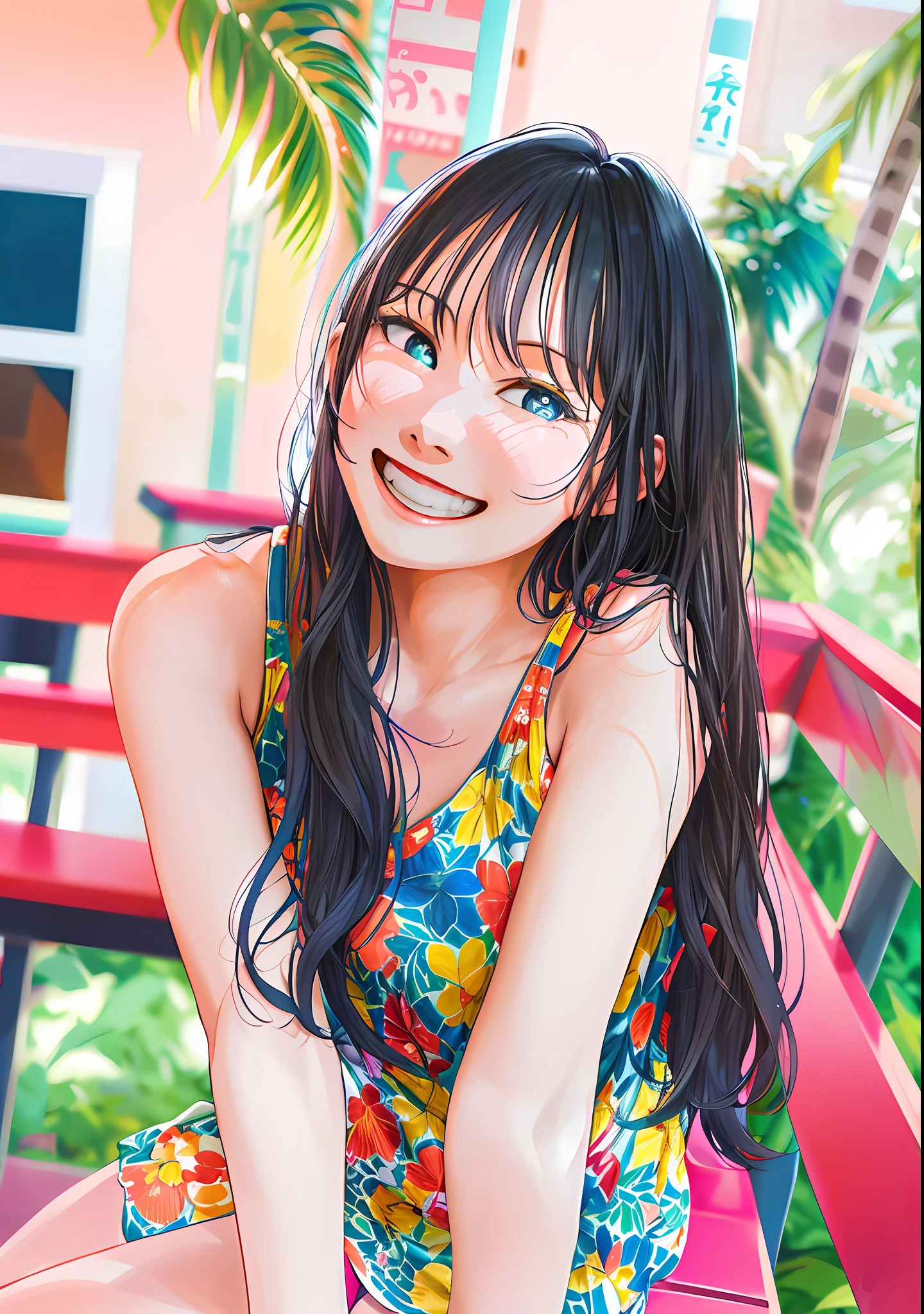 Japan girl sitting on bench in colorful camisole, young gravure idol, young cute gravure idol, black hair, smiling, camisole with blue tropical pattern, sleeveless, white teeth, looking at camera