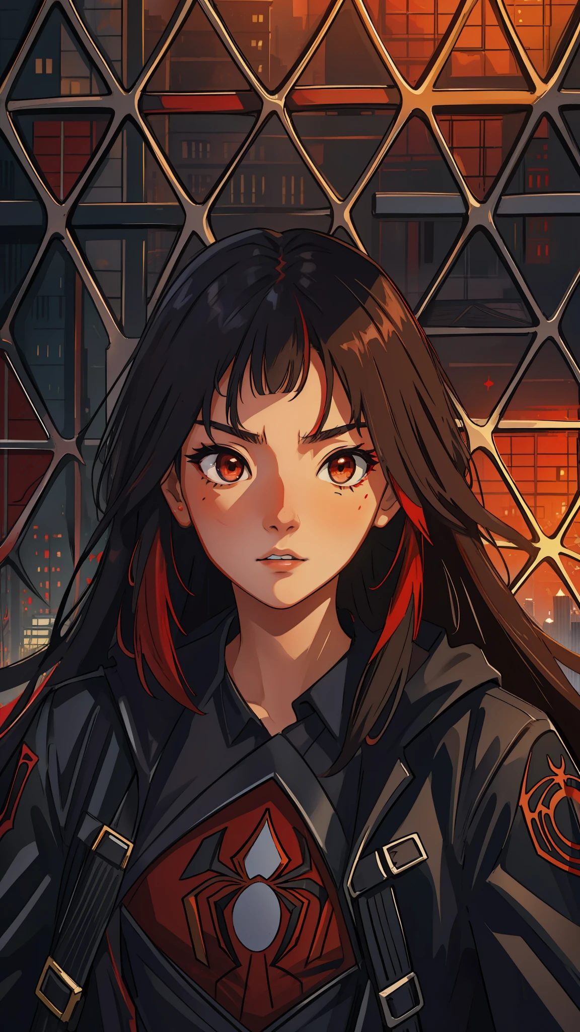 (masterpiece, best quality), intricate details, 8k, artstation, wallpaper, official art, splash art, sharp focus,
1girl, Nakiri Ayame, long hair, brown eyes, red and black colors, spider verse
 spider suit, spider web printing, spider web,  
skyscrapers, city, buildings, cars, street,