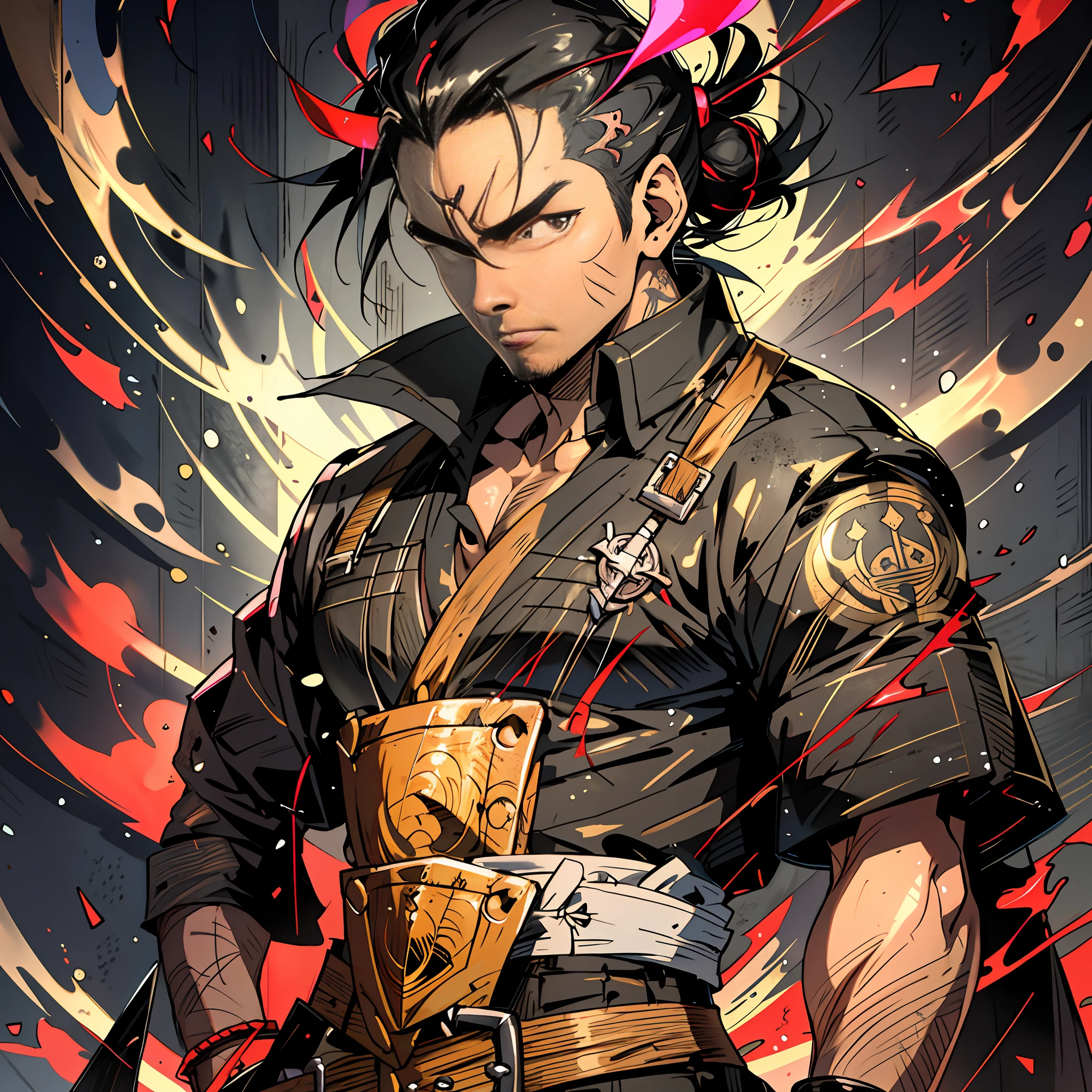 African Egypttoin Anime character with black hair , handsome man in the art of demon slayer, badass anime 8k, handsome Egyption demon boy, trigger anime art, tanjiro kamado, demon slayer art style, detailed anime character art, formal art, formal character art, shigenori suijima illustration, by Yang Ji, Tsurumaki Kazuya, black hair, lot's of Japanese yakuza tattoo, holding a wooden racket, sitting on the ground, leaning on the racket, has a frightening look