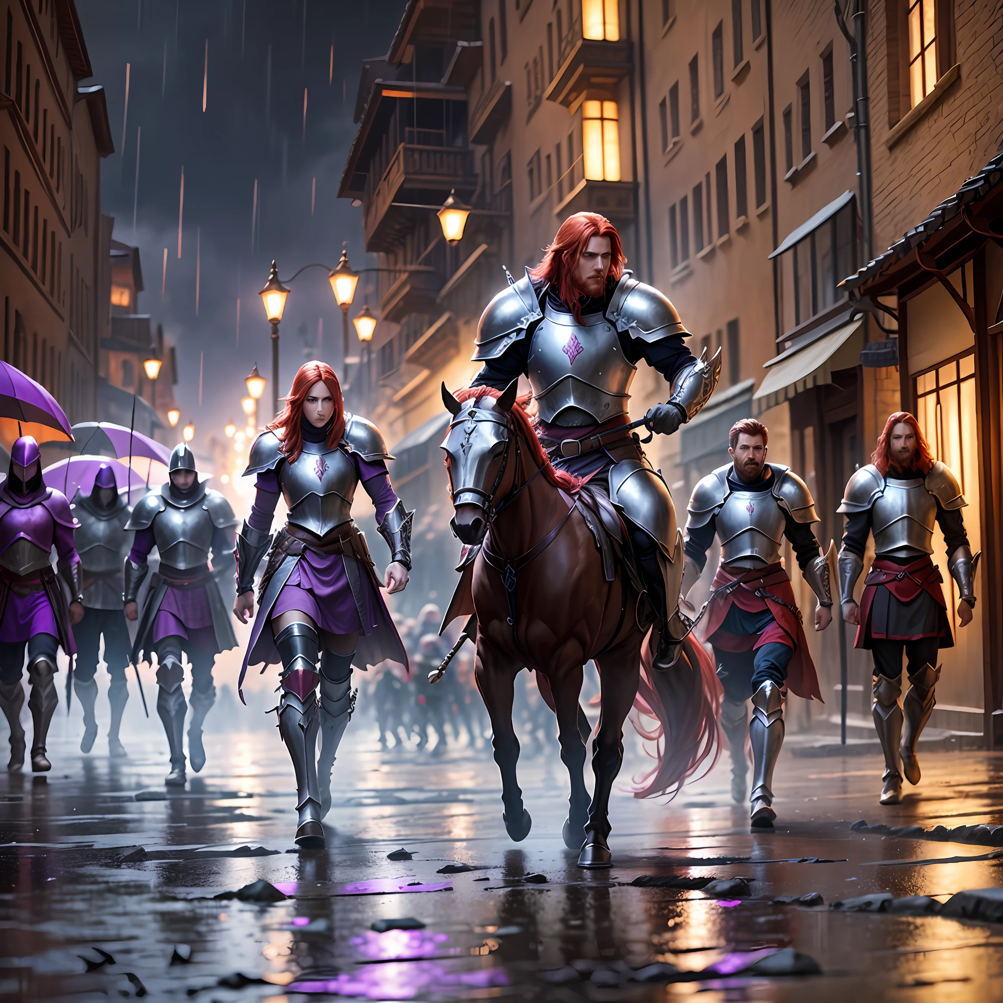 red hair, purple armor, light bearer warriors, medieval city, dark, battle, epic, war, surrealism, 8k, super detail, war, battle, darkness, rain, night, fight, torchs, war, conflict, ultra detailed