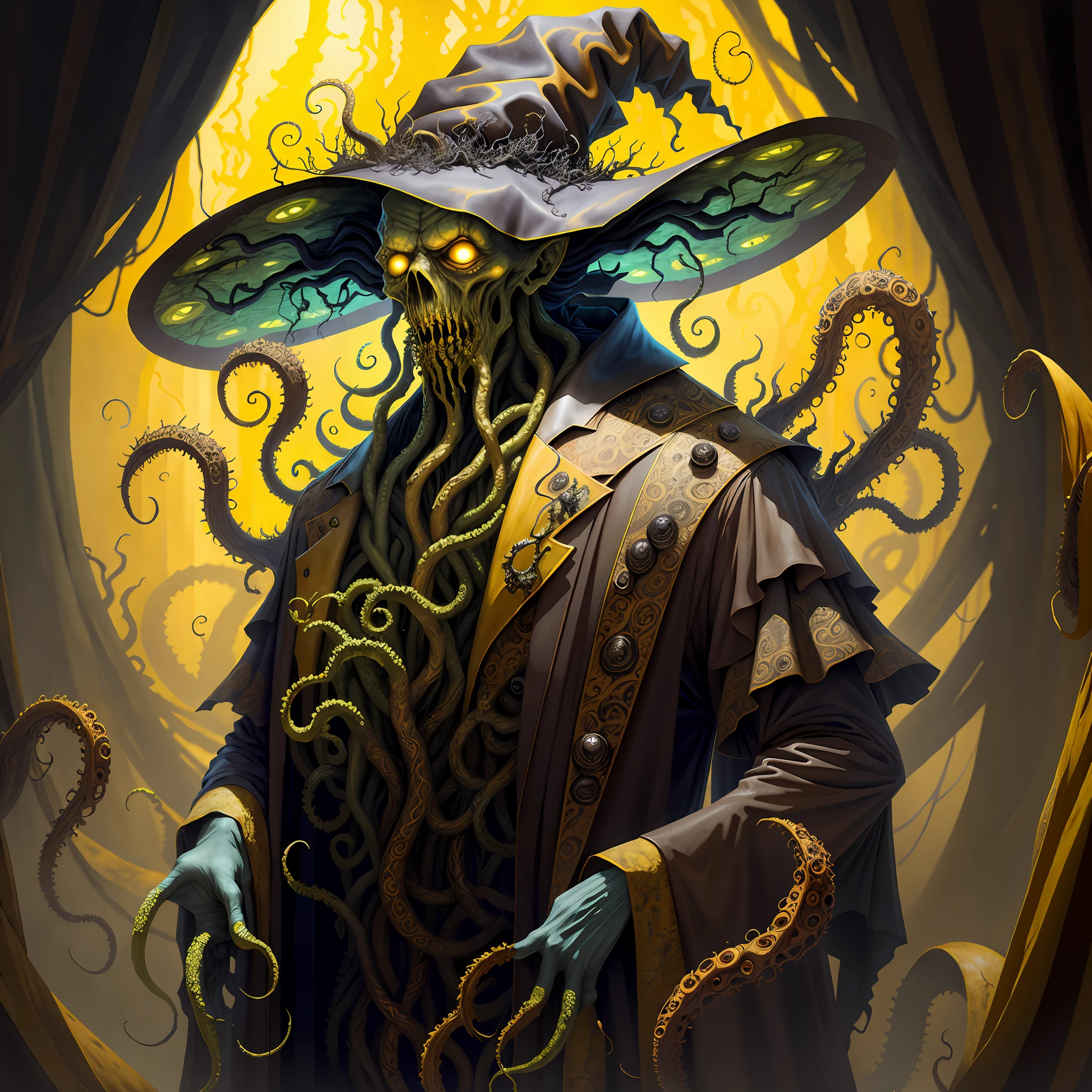 a monstrous witch, yellow tentacles, horror, terror, Lovecraft