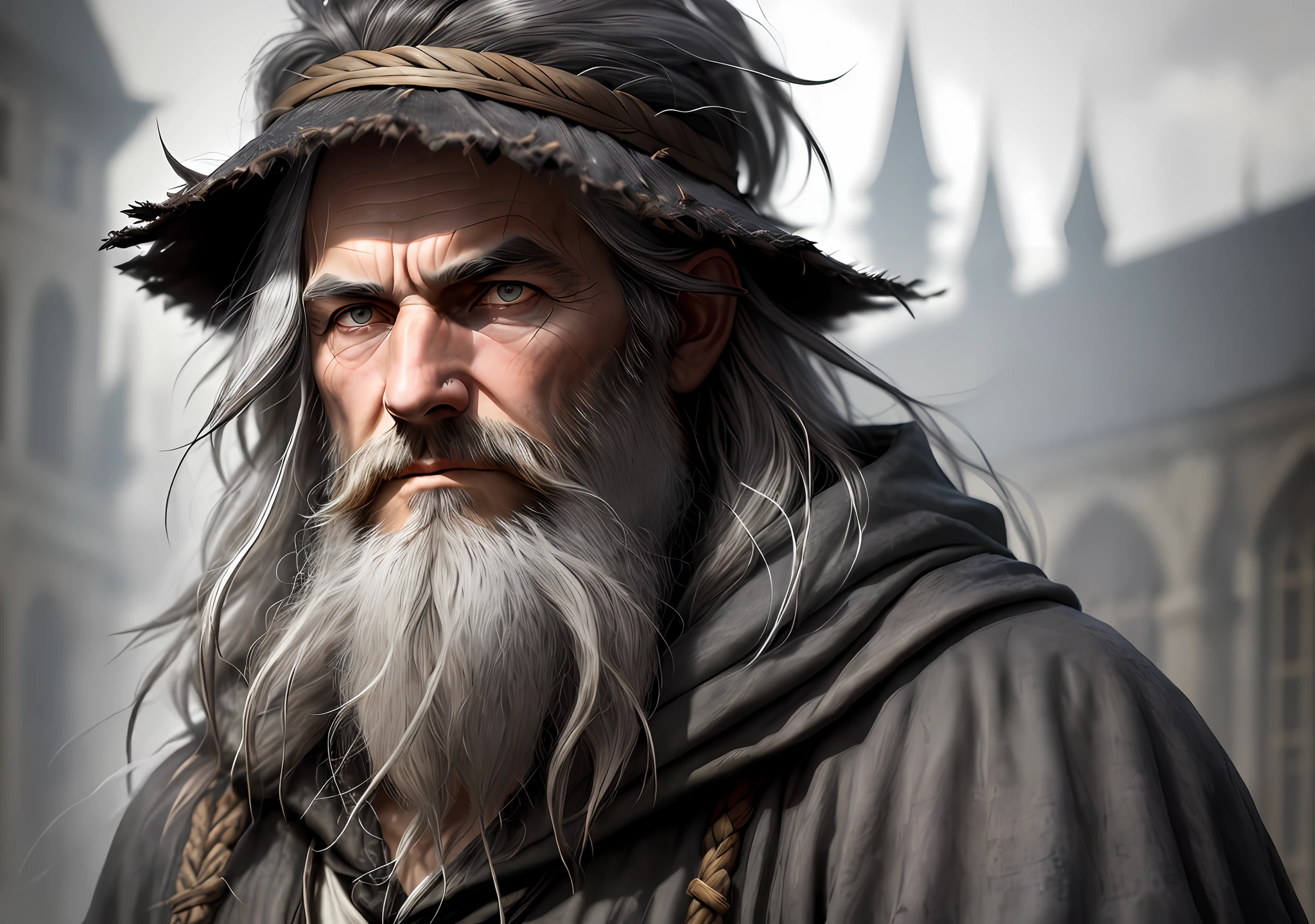 photo, old evil hermit, medieval, piercing_deep-set_eyes, wrinkled face, dark_stichted_cloak, (dramatic lighting:1.25), (shadowy background:1.2), (dirty_ unkempt_gray_hair:1.2), (long_shaggy_beard:1.3), (faded colors:1.1), (sharp focus:1.1), (shadows:1.2), (subtle HDR:1.3), (realistic skin texture:1.25), (detailed hair:1.2),  (gritty texture:1.1), (cinematic look:1.2), (powerful pose:1.3), (blush:0.5), (goosebumps:0.5), subsurface scattering, detailed_grey_eyes